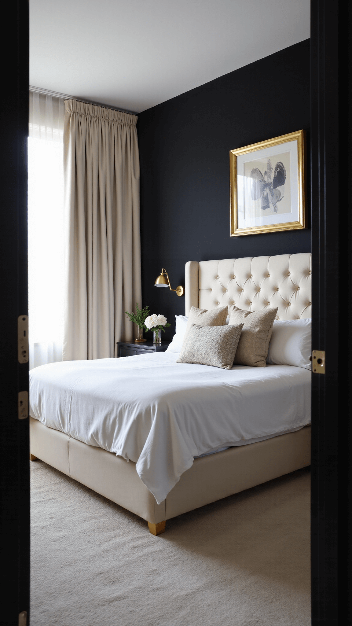 Master bedroom with a black accent wall, cream headboard, luxurious white bedding, and abstract gold-framed art, bathed in a mix of dawn and artificial light.