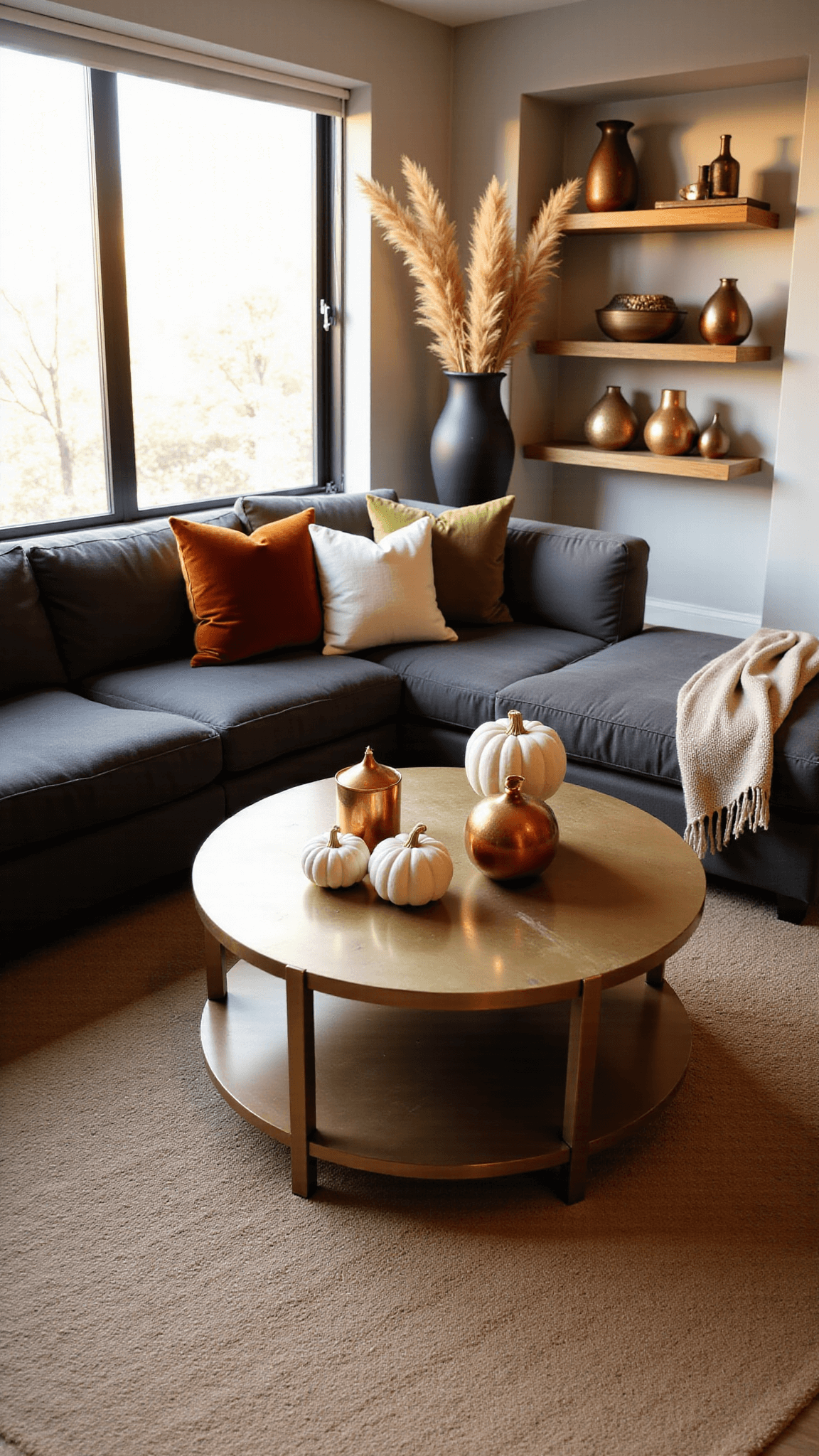 Contemporary living room bathed in golden hour sunlight with charcoal gray sectional, weathered brass coffee table, layered neutral-toned rugs, and fall decor on oak shelves.