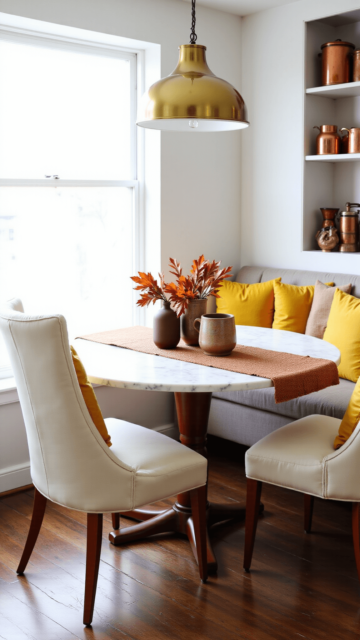 Intimate breakfast nook with marble table, cream chairs and mustard yellow pillows, featuring vintage copper kitchenware and a table center with dried oak leaves and ceramics