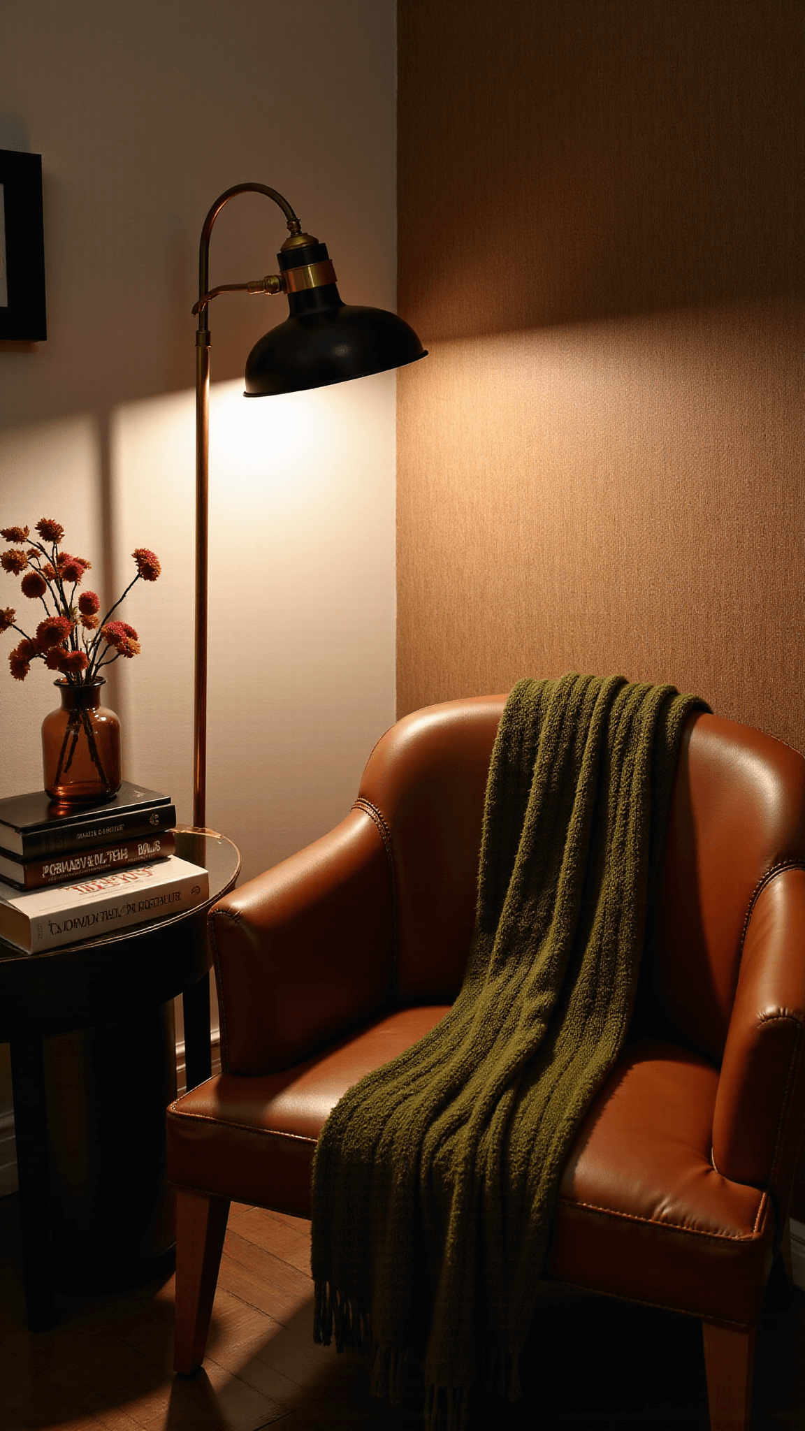 Modern brown leather reading chair with an olive green knit throw, a brass lamp, and a side table with autumn botanicals, shot at dusk with warm lighting