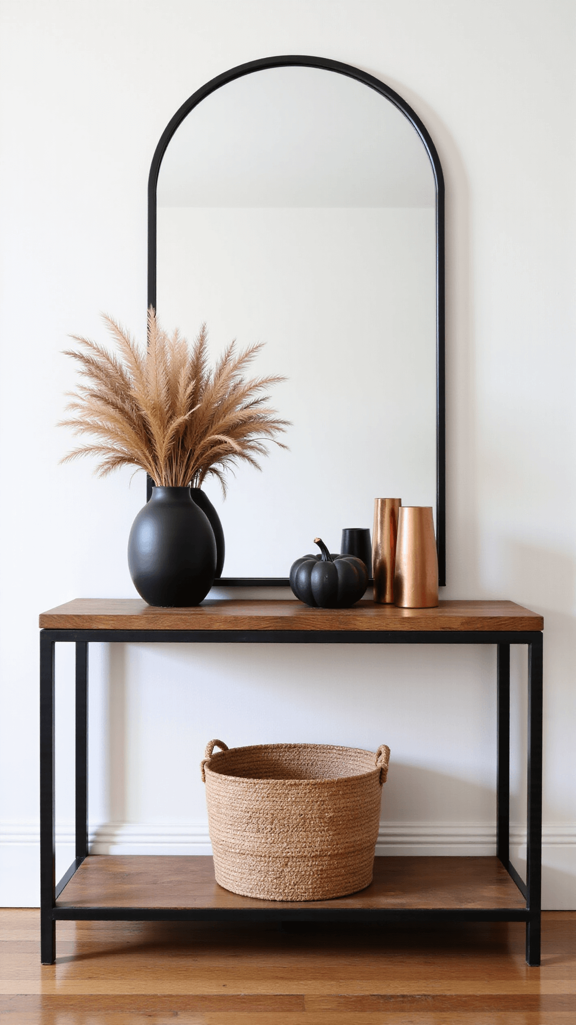 Minimalist styled entryway featuring a black steel and reclaimed wood console table decorated with modern fall arrangement of dried lunaria, copper vessels, and matte finished geometric pumpkins, with an oversized mirror and a woven basket adding light and texture.