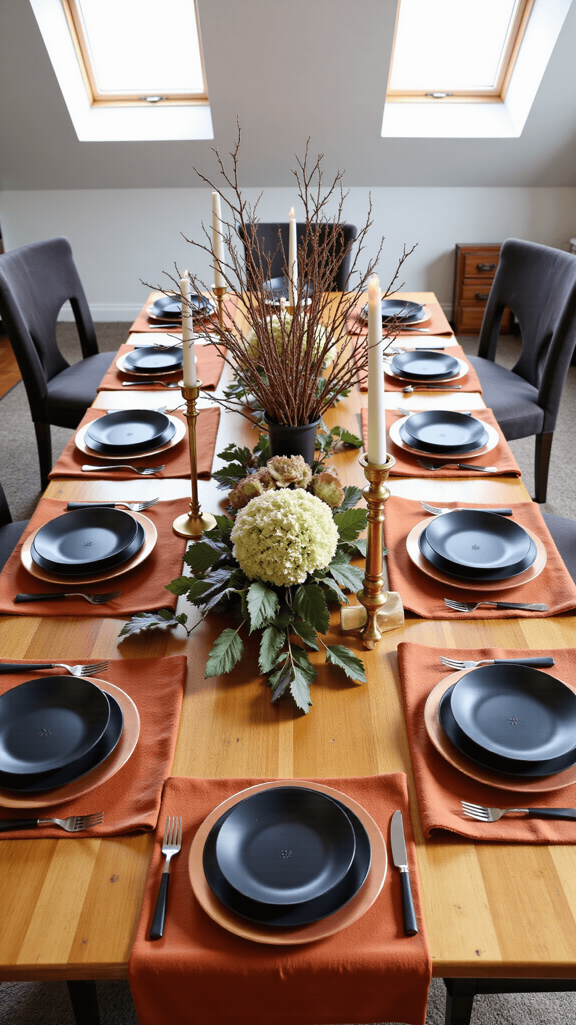 Above view of a warm and inviting dining room table setup with terracotta linens, brass candlesticks, and autumn foliage, featuring vintage copper chargers, matte black plates, and a unique centerpiece of dried hydrangeas and sculptural branches, all under soft, diffused natural skylight.