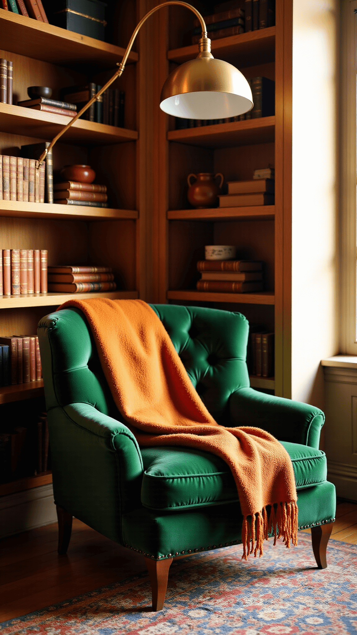 Cozy reading corner with emerald green velvet armchair, brass floor lamp, floating shelves with leather-bound books, and vintage kilim rug in a library/office space bathed in late afternoon light.