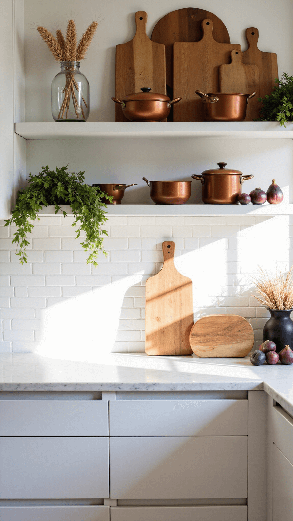Modernly styled kitchen basked in morning light, featuring marble countertops, artisanal ceramics on open shelving, copper cookware, wooden cutting boards against subway tile backsplash and fresh figs and pomegranates for organic color.