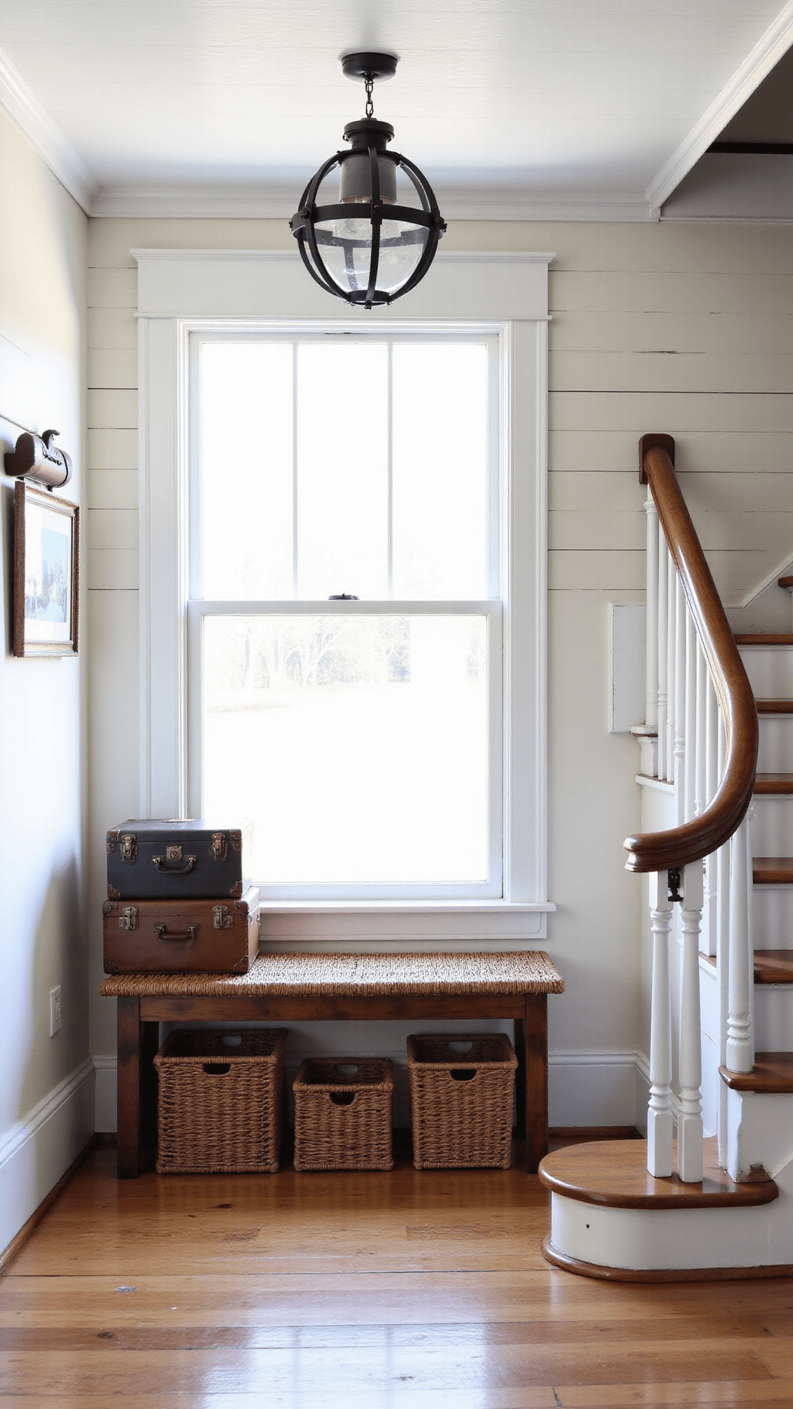 Bright and airy 14x16ft farmhouse entryway bathed in natural morning light featuring white board and batten walls, an antique bench with a woven seat under a window and stacked vintage suitcases, an oversized black lantern pendant, wide plank floors leading to a classic whitewashed staircase with dark railing, and a woven basket collection with vintage hooks displaying seasonal items.