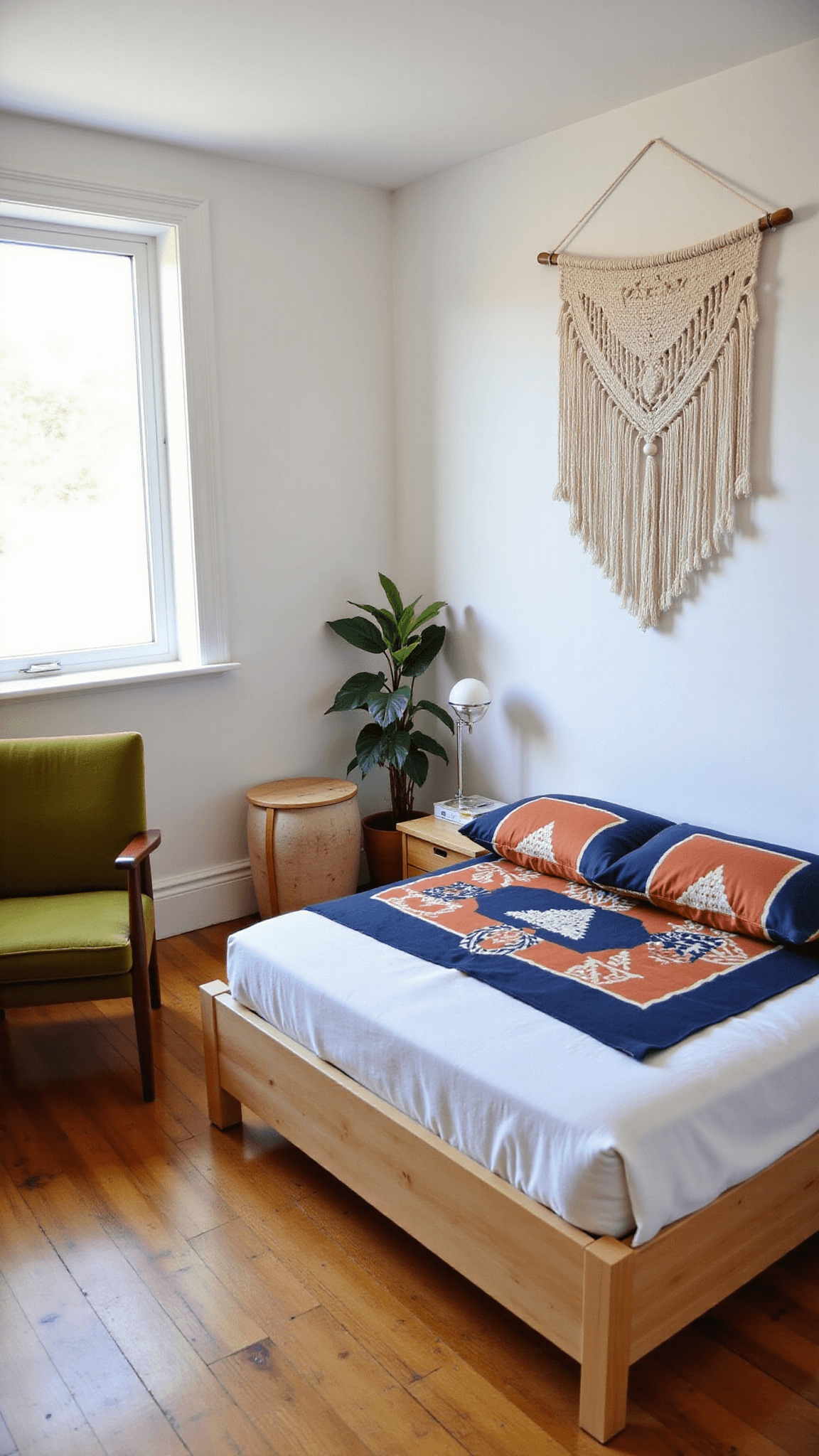 Afternoon sunlight illuminating a compact 11x13ft bedroom with a platform bed, vintage Danish chair, and macramé wall hanging, creating dramatic shadows.