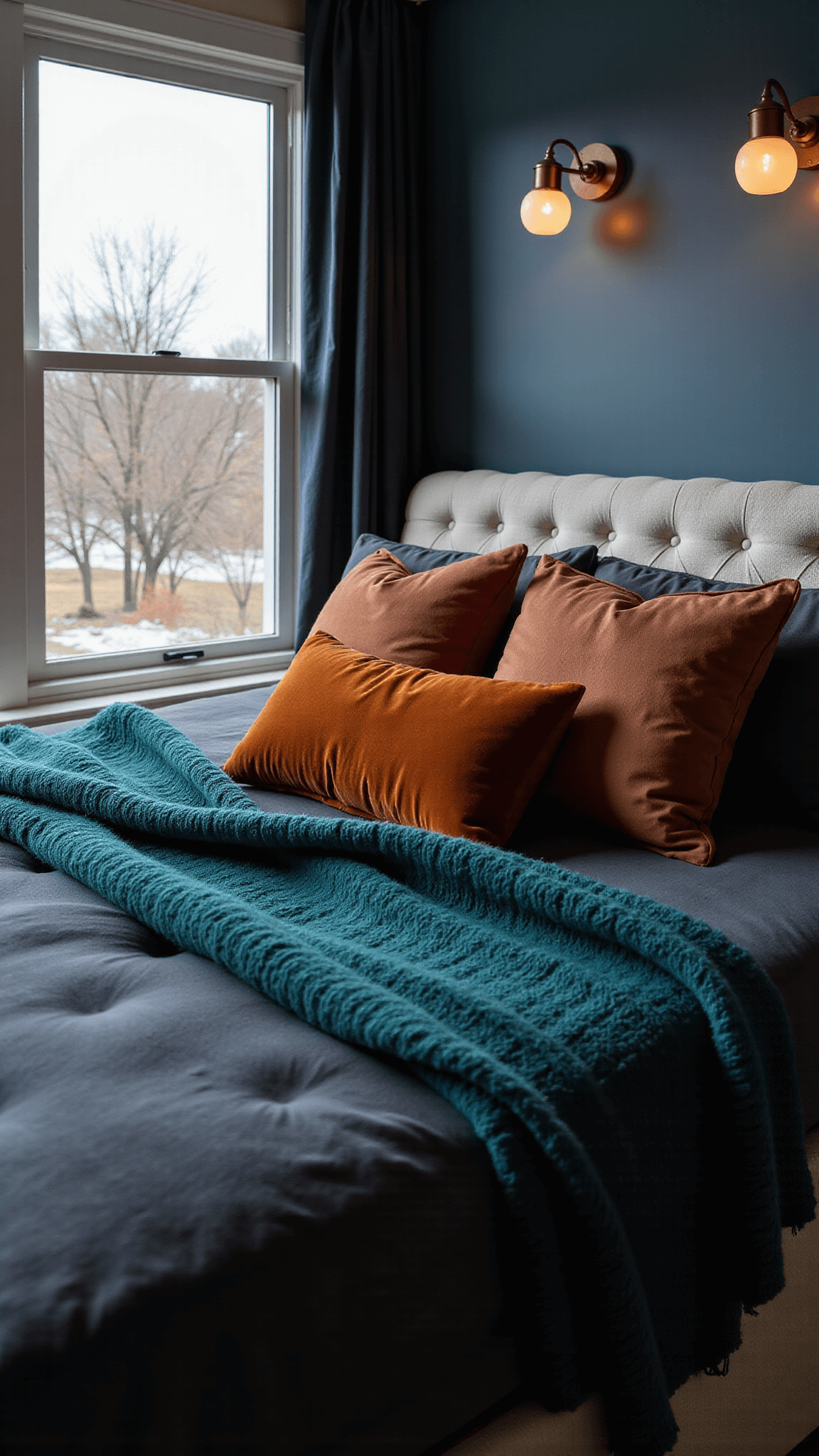 Winter evening bedroom scene featuring a tufted upholstered bed in heavyweight charcoal linens, teal chunky knit throw, and burnt orange and copper velvet pillows, lit by warm sconces in a 12x14ft space with mid-century windows, captured at blue hour from a high corner angle.