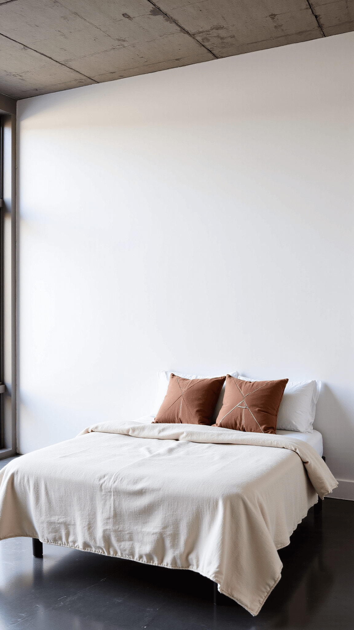Queen bed with white sheets and oversized sand-colored duvet in a minimalist loft, lit by morning sun streaming through industrial windows