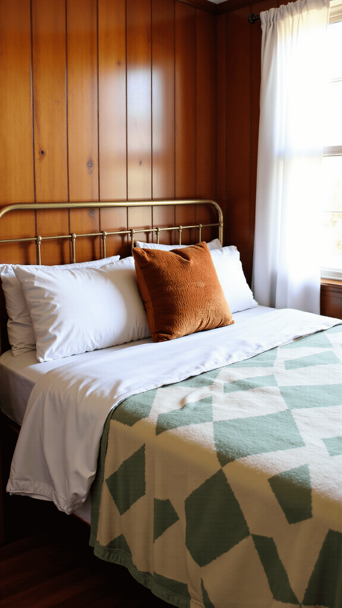 Cozy 1960s guest room bathed in afternoon light with vintage bedding on brass bed frame, highlighted with sage geometric coverlet and burnt orange velvet throw pillows