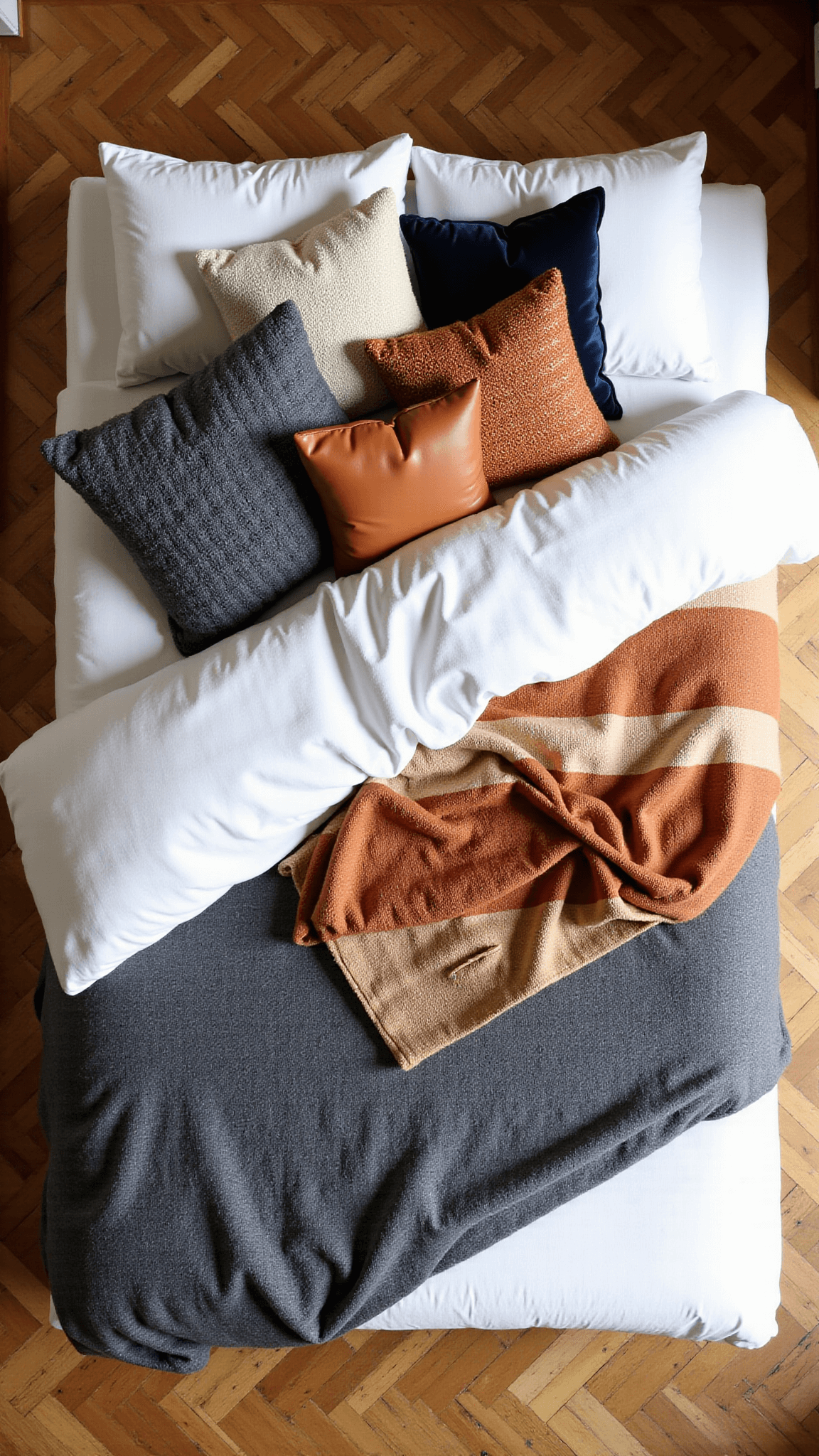 Overhead view of a king-sized bed with textured layers of white linen, slate gray knits, and a vintage orange and cream wool blanket, accented with a variety of velvet, wool, and leather pillows, on a herringbone wood floor with natural afternoon light casting long shadows.