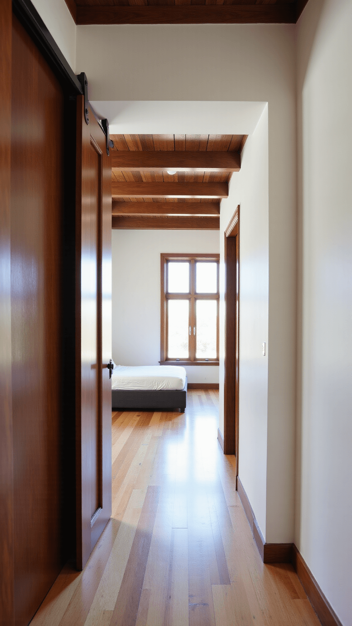 Low-angle view of bedroom transitioning into sitting area with architectural details like exposed beams, floor-to-ceiling windows, and built-in shelves, separated by a walnut sliding door, shot at f/8 in natural light.