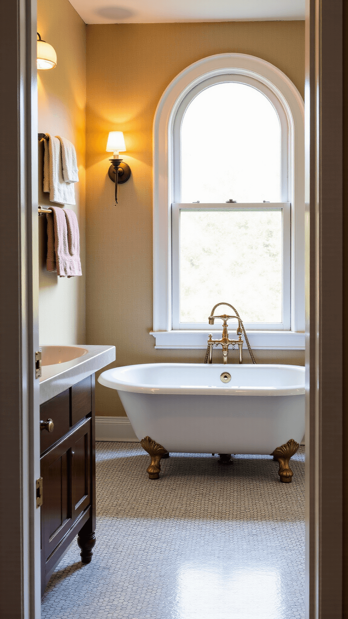 1920s-style cottage bathroom with black and white hex tile flooring, a clawfoot tub under an arched window, Turkish towels on a vintage ladder, under the glow of oil-rubbed bronze sconces on beige grasscloth walls.