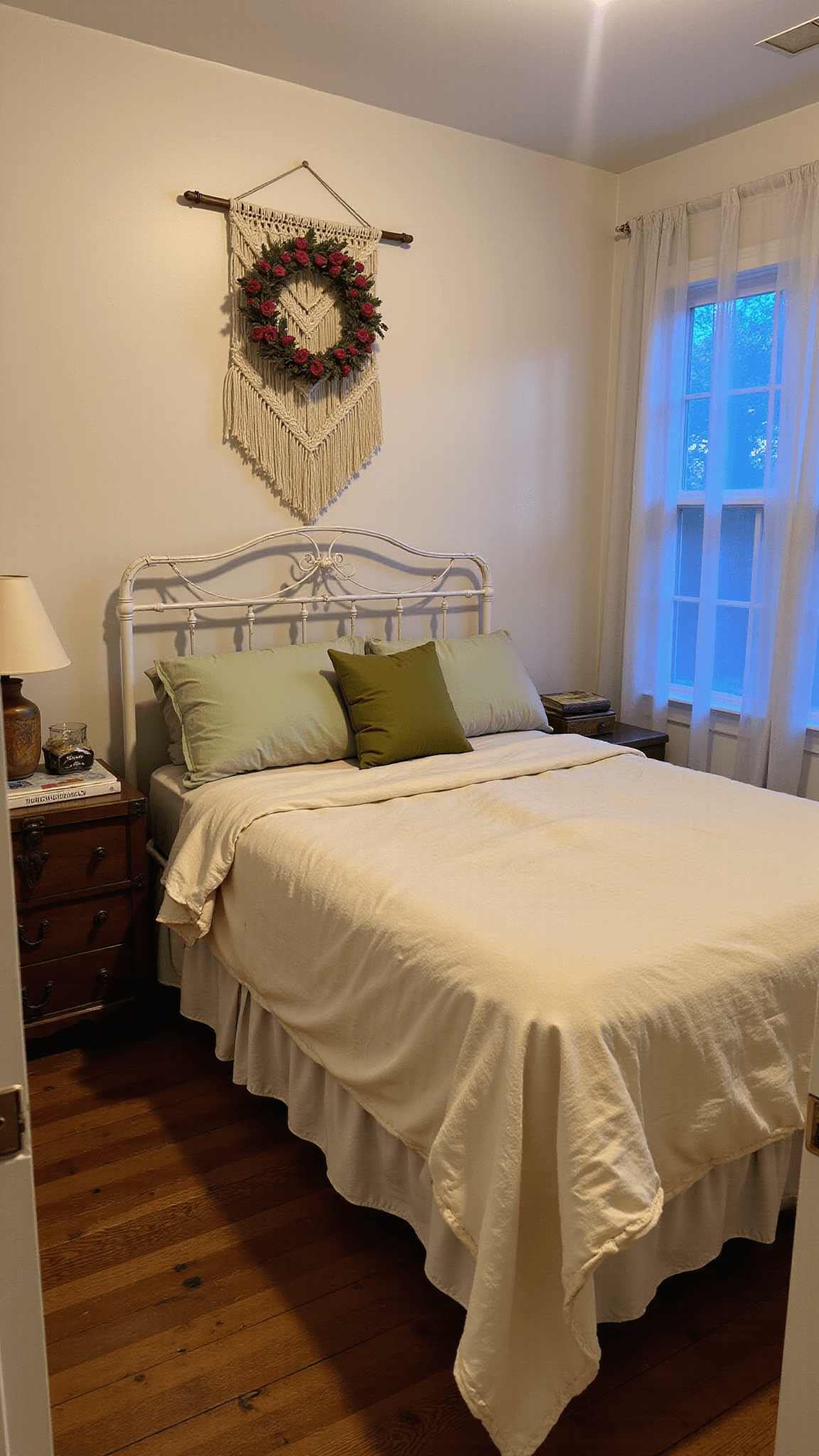 A cozy vintage bedroom at twilight with a white iron bed, sage green and cream linen bedding, dried flower wreath above the headboard, antique wooden trunk bedside table with ceramic lamp and books, macrame wall hanging and gauzy curtains filtering blue light.