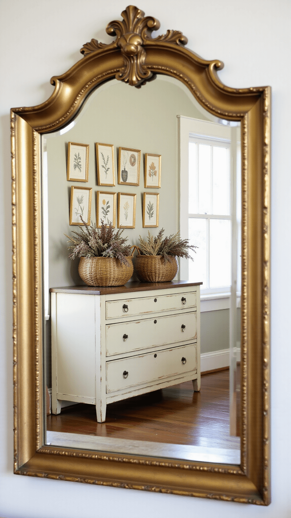 Vintage bedroom nook with botanical prints, a cream dresser, and woven baskets full of dried flowers, viewed through an antique brass-framed mirror in late afternoon light.
