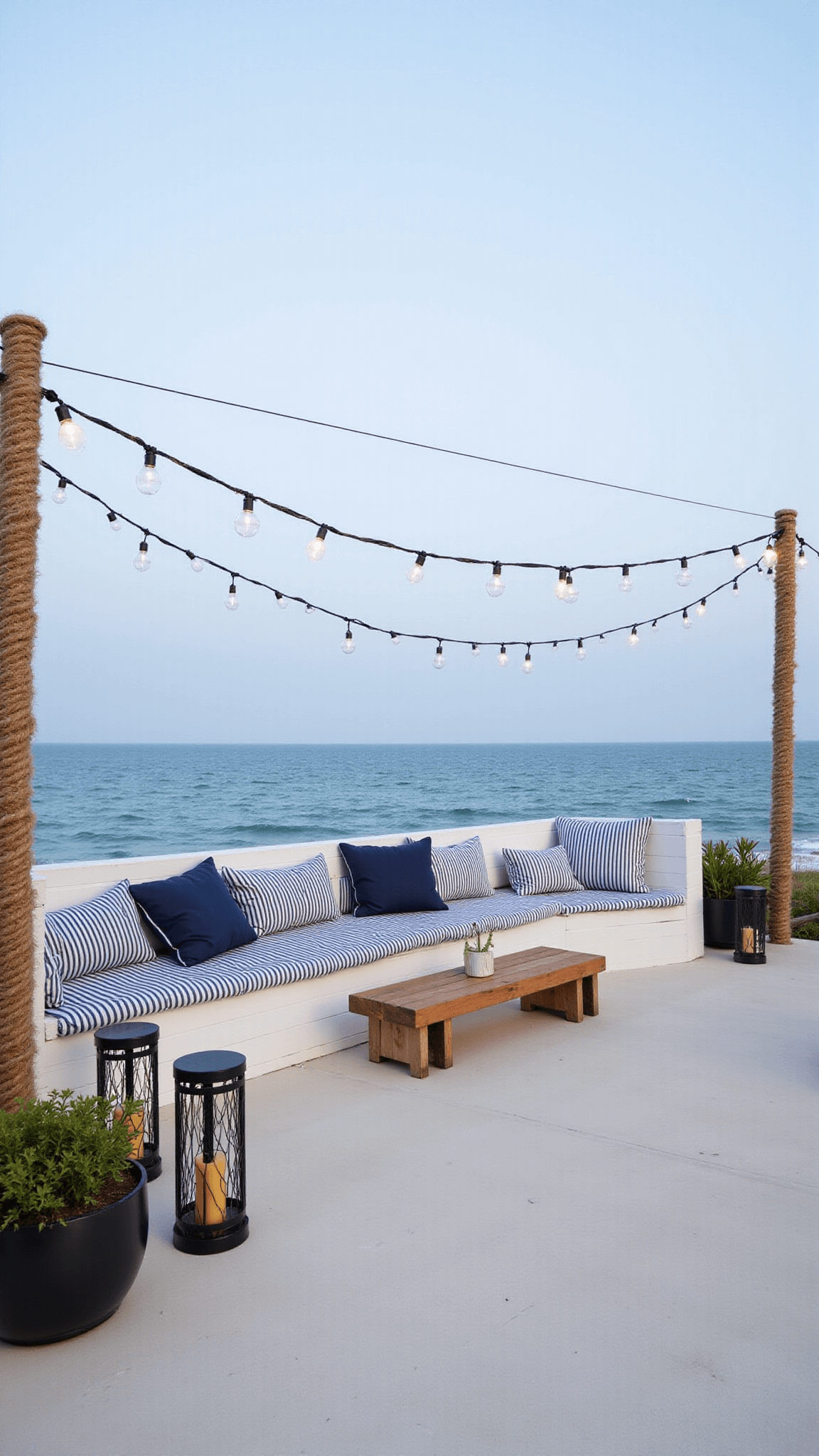 Coastal style entertaining area with nautical rope-wrapped posts and weatherproof pendant lights, white string lights overhead, LED candle-lit hurricane lanterns on whitewashed stairs, and navy and white striped cushions on seating, captured from an elevated deck with a wide-angle lens showcasing the ocean backdrop.