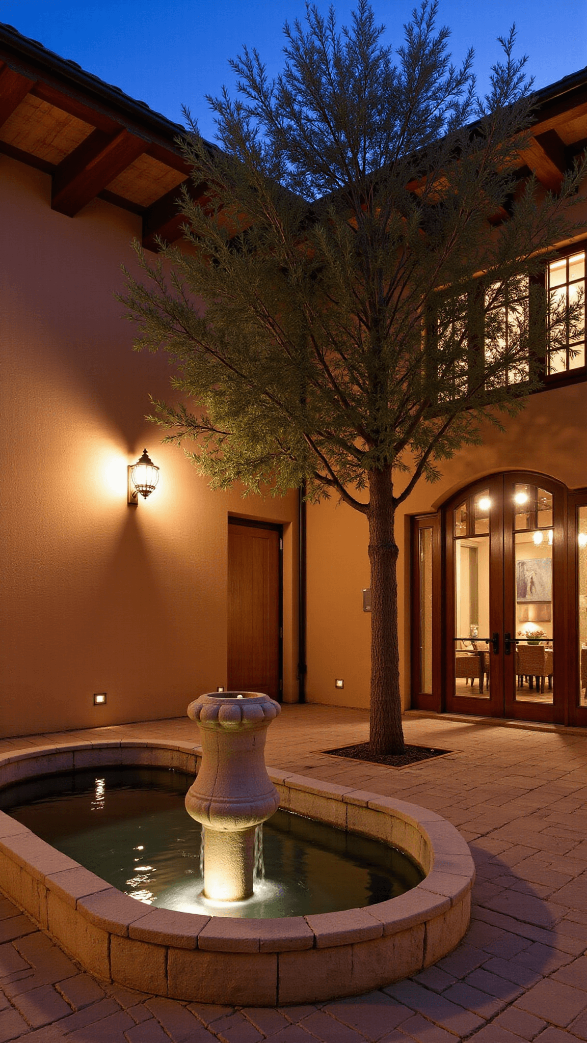 Second-story view of a quaint 20'x20' Mediterranean courtyard with rustic wooden beams, antique brass lanterns, warm sconce-lit terracotta walls, olive trees highlighted by copper ground spots, and a stone fountain with underwater lighting casting dancing reflections, captured during the golden hour using a 70-200mm zoom lens.