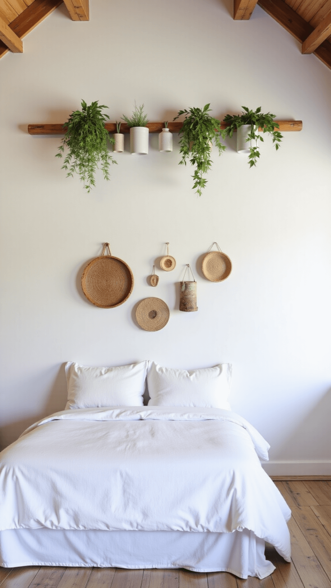 Scandinavian-style 14x16ft bedroom with pitch ceilings, hanging plants in neutral ceramic vessels displayed on a wooden dowel, white linen bedding, pale wood flooring and textured wall hangings, softly lit by evening light.