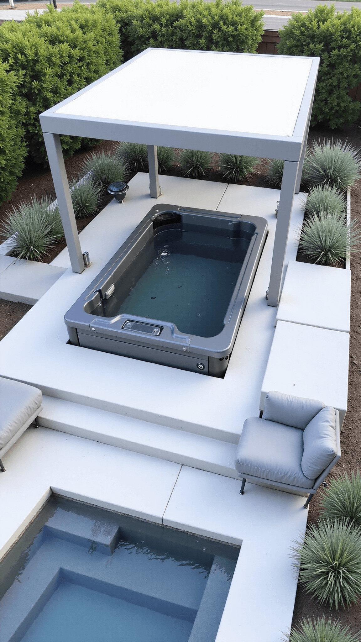 Minimalist modern backyard at midday featuring a gunmetal gray hot tub, sleek outdoor furniture, geometric planters with silver grasses, aluminum pergola with retractable white canvas, and LED lighting, viewed from a high angle.