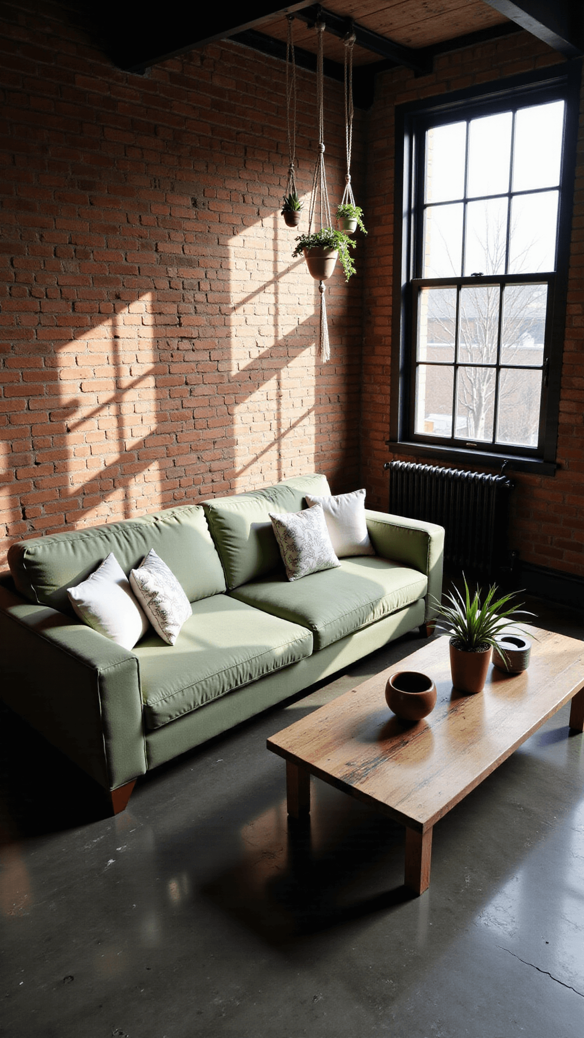 Spacious loft-style living room with exposed brick walls, industrial windows, a green linen sectional, and reclaimed timber coffee table with décor under dramatic afternoon shadows.