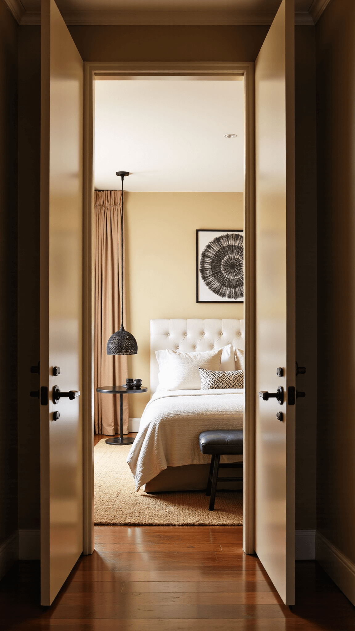 Elegant bedroom featuring a 10ft wide hallway leading to a white-upholstered bed flanked by twin black metal bedside tables, golden hour sunlight streaming through long sheer curtains, and high-contrast art series on the wall. Textural aspects include black pendant lights and geometric pattern bedding. Atmosphere resembles boutique hotel luxury.