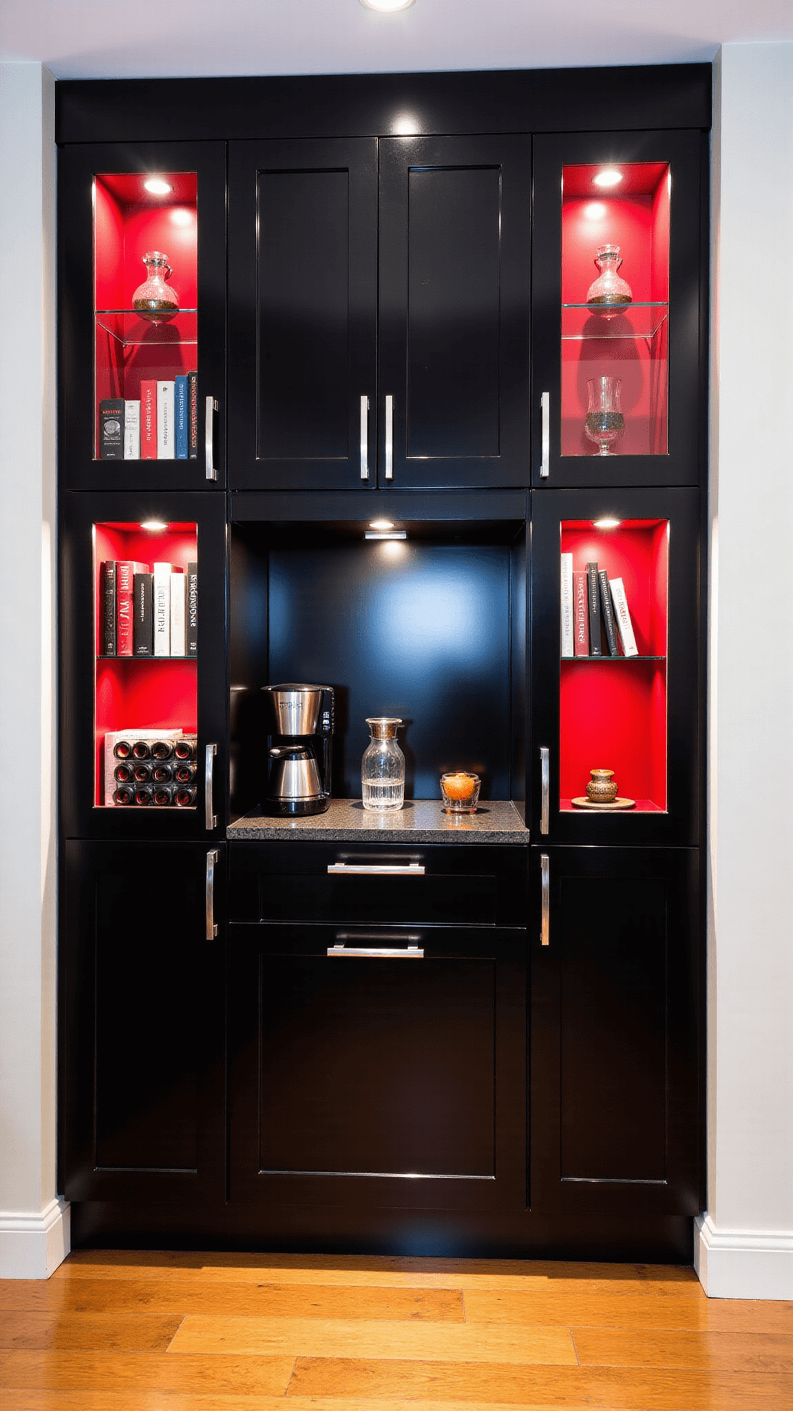 Contemporary kitchen storage wall with integrated red panels, LED lit glass cabinets, a built-in coffee station, wine storage, and accentuated vertical lines captured from a straight-on shot.