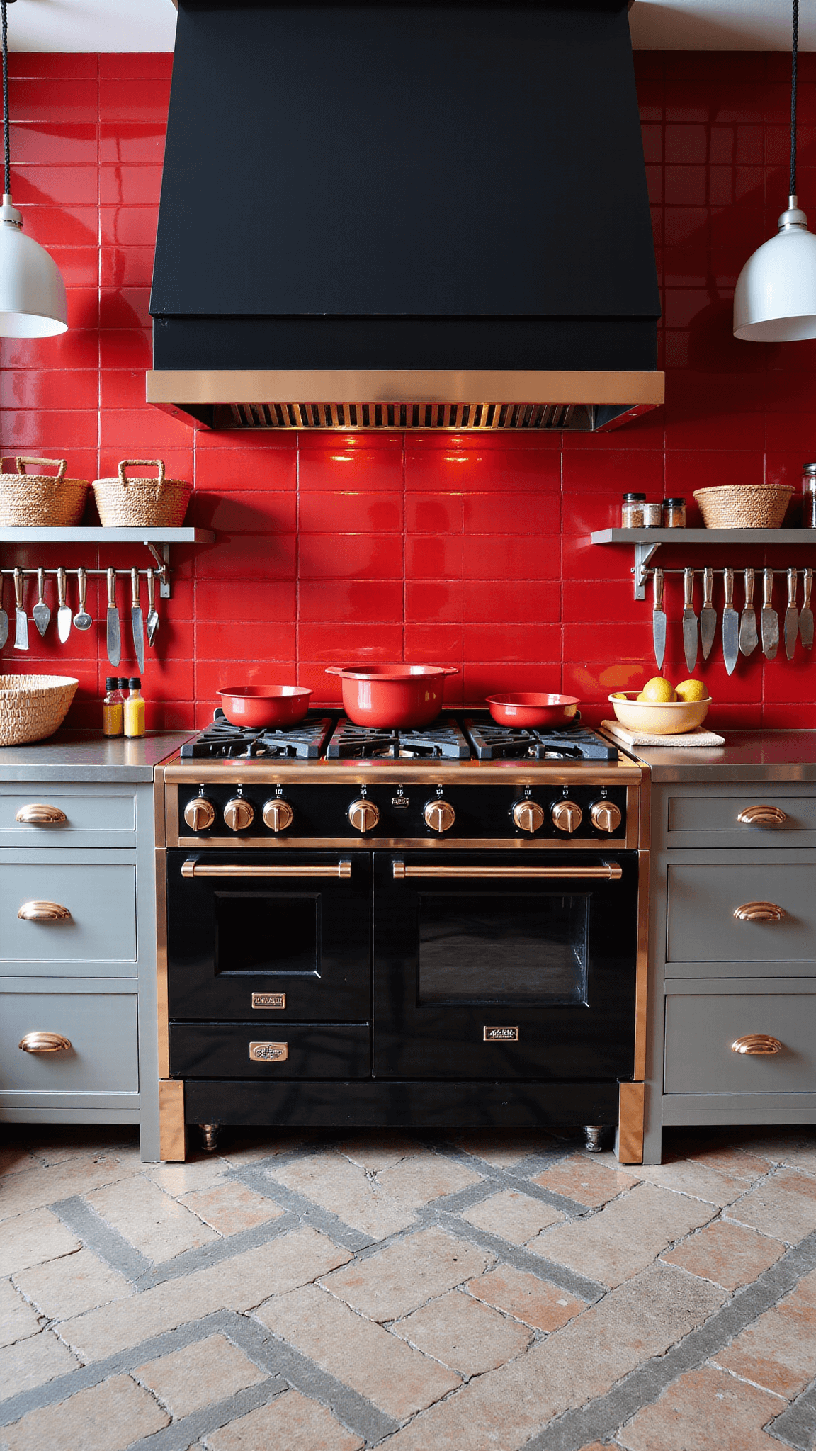 Professional chef's corner in a restaurant, featuring stainless steel surfaces, red tile backsplash, black professional range with copper accents, and pendant task lighting, styled with arrangements of local ingredients and a professional knife collection.