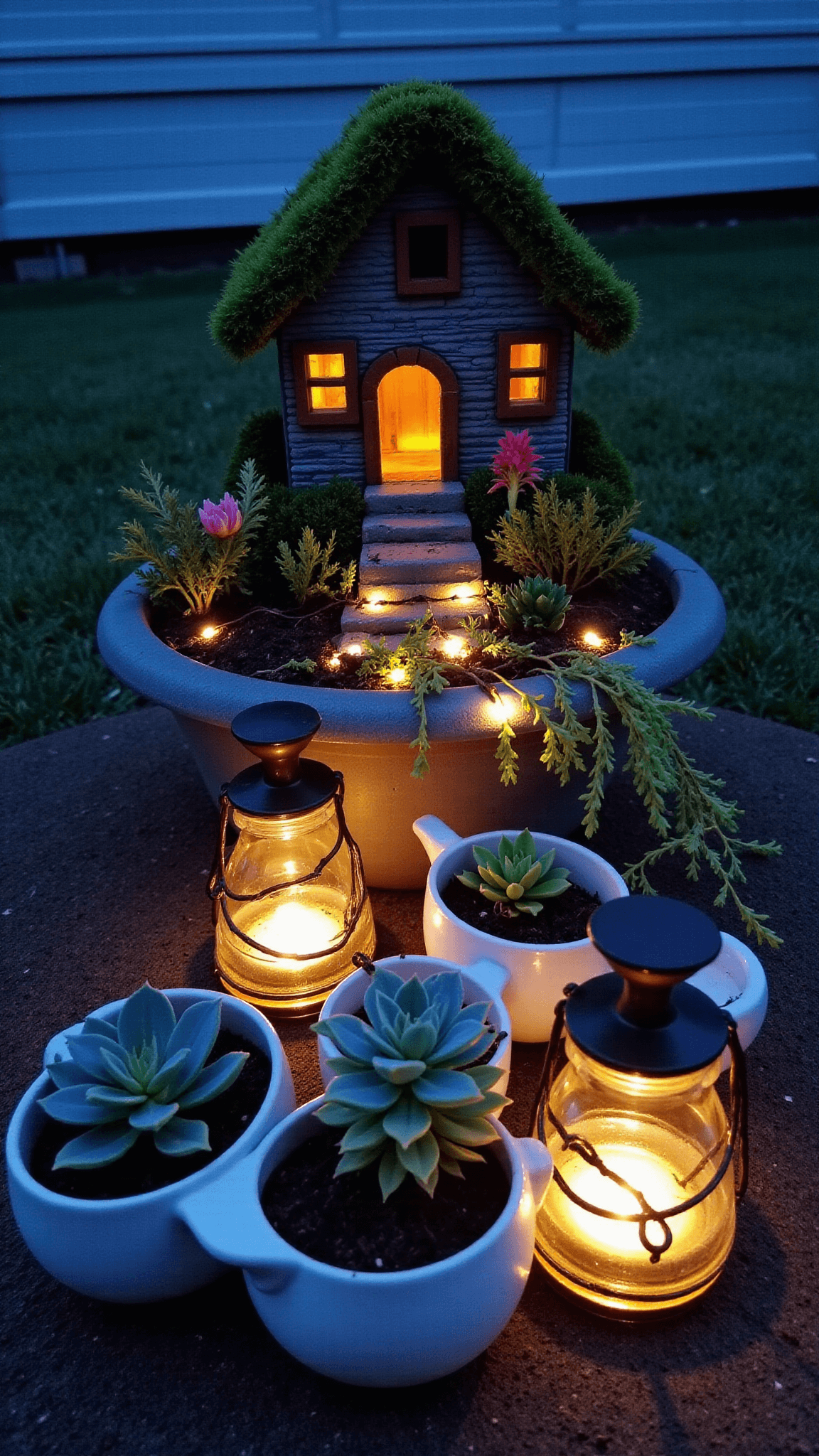 Elevated view of an intimate 12x15ft garden nook at twilight with a handcrafted fairy house with lit windows, surrounded by mini succulents and fairy lights in teacups, under a mix of cool blue evening light and warm solar lanterns.