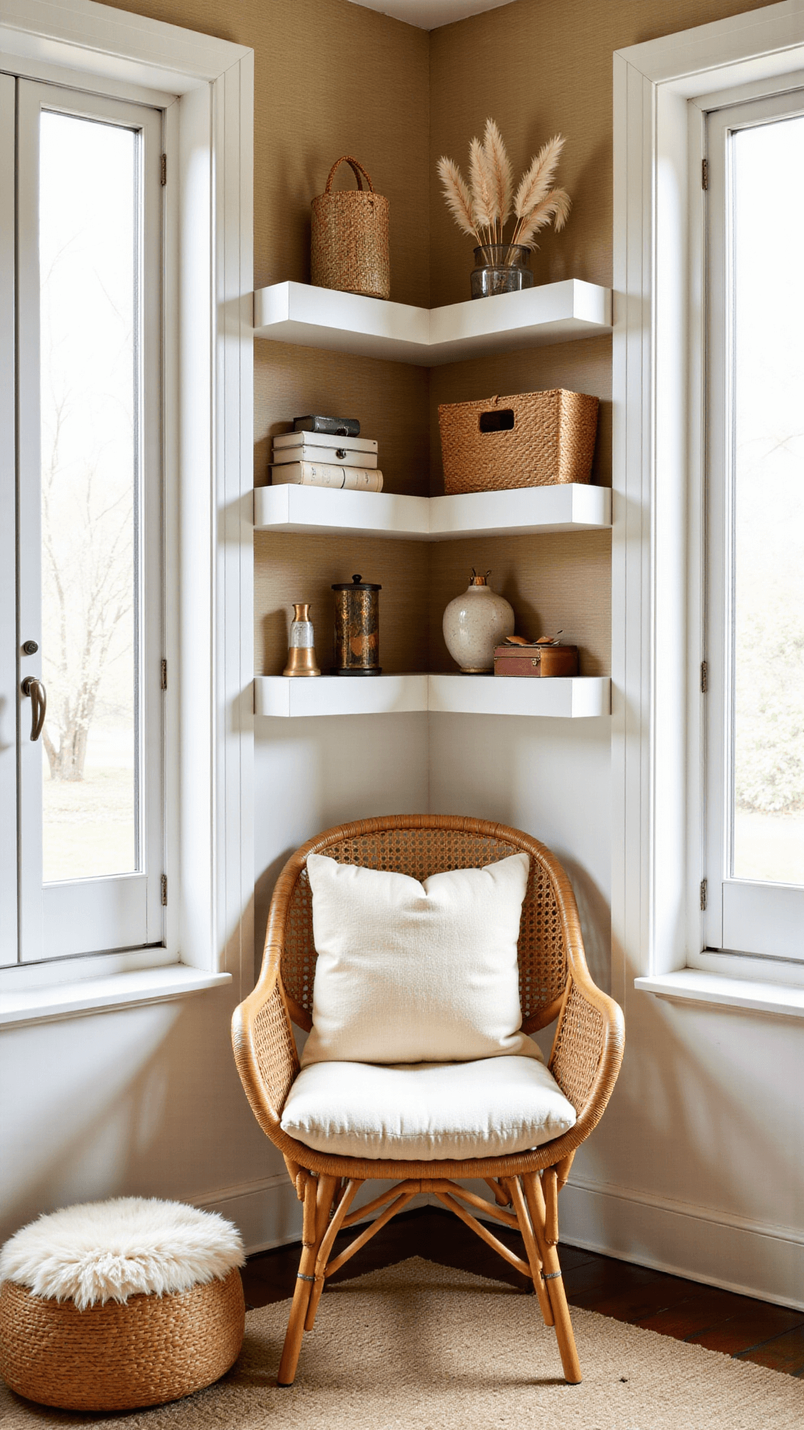 Cozy reading nook with floor-to-ceiling white shelves, rattan chair, cream wool pouf, and vintage brass lamp in morning light