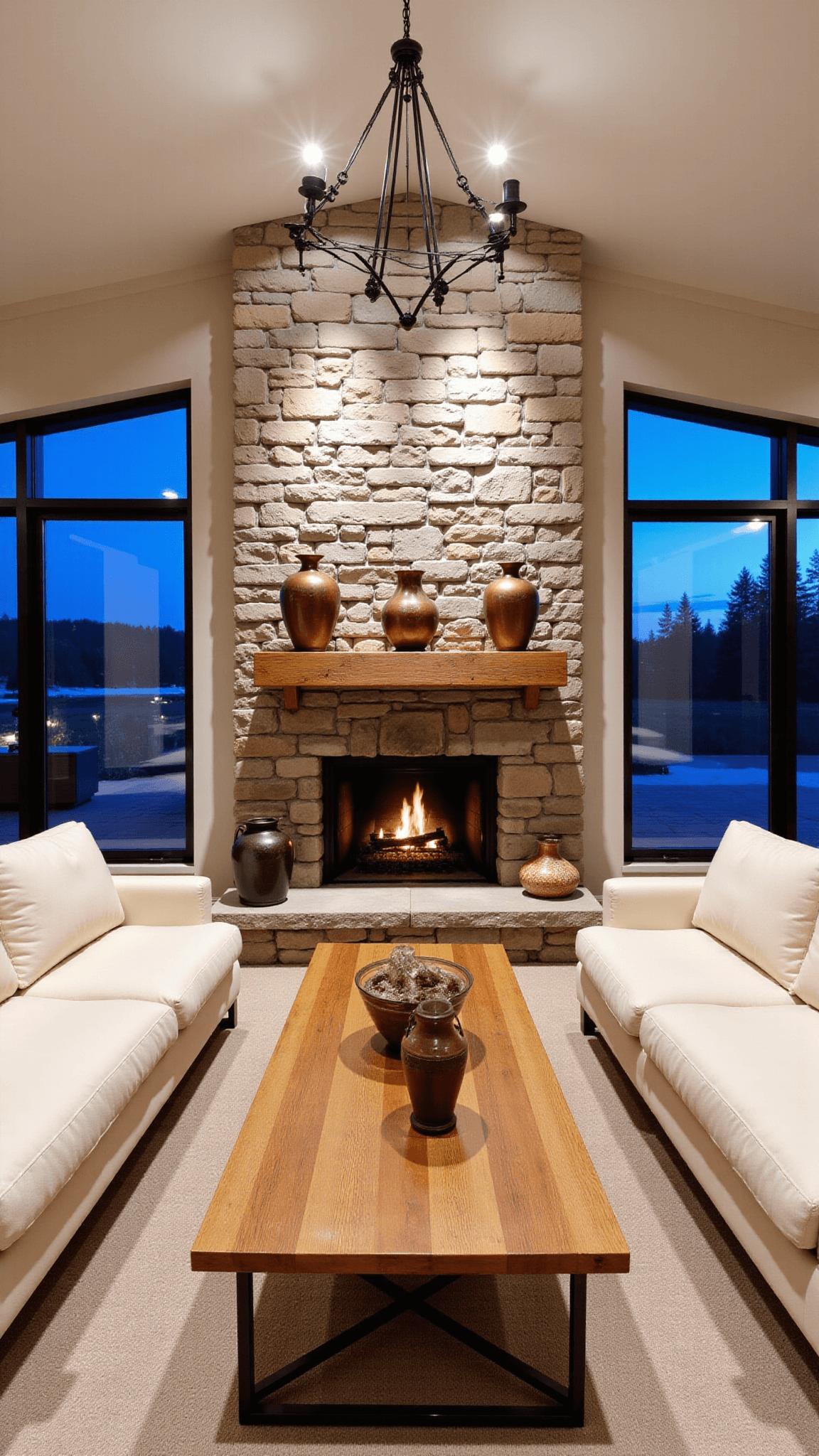 Wide-open living room with high ceilings, stone fireplace with timber mantle, cream sofas, rustic oak coffee table, vintage decorative items, and dramatic lighting during blue hour.