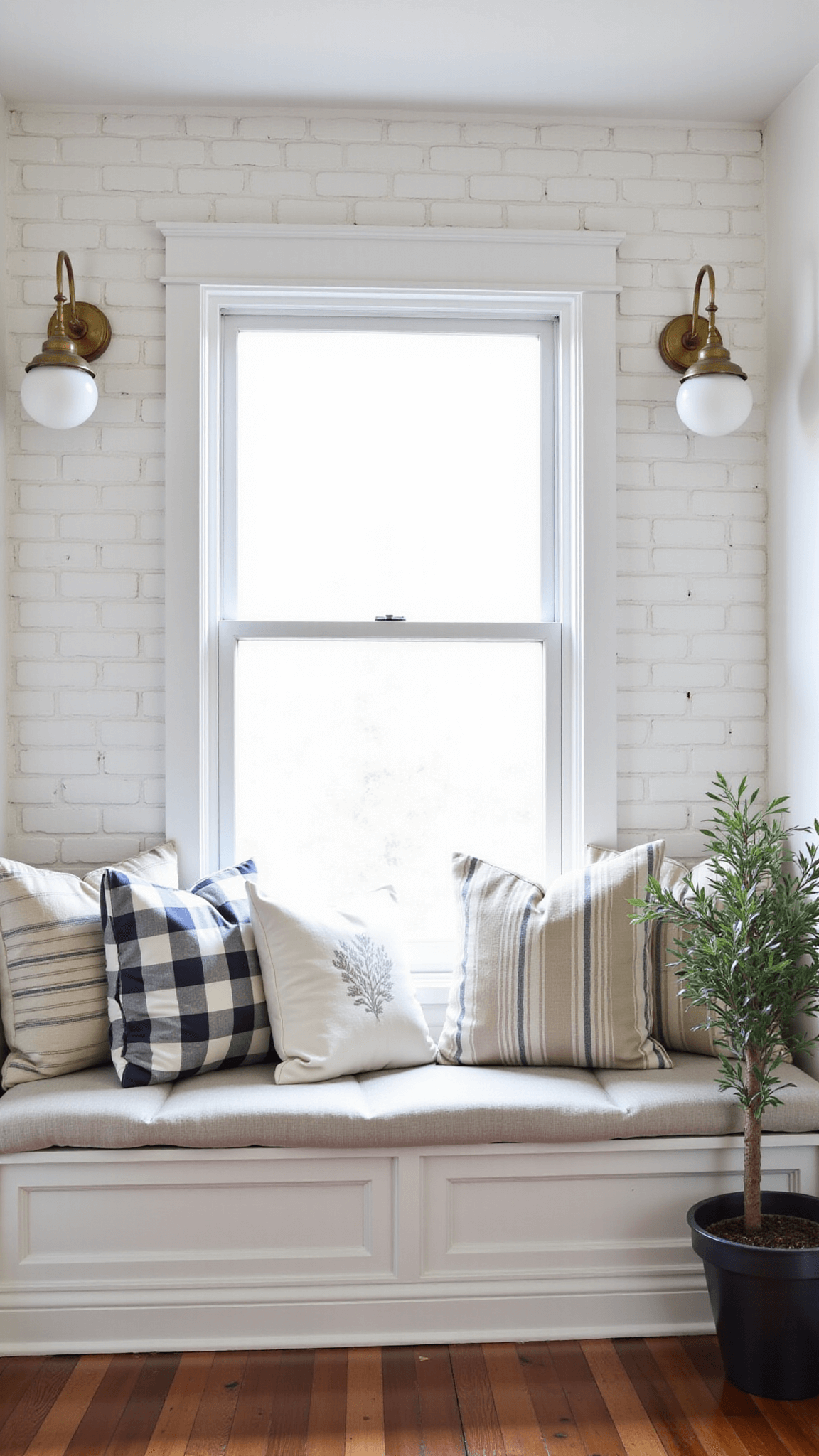 Cozy window seat in a white brick wall room with mixed pattern cushions, antiqued brass sconces, and potted olive tree in morning light