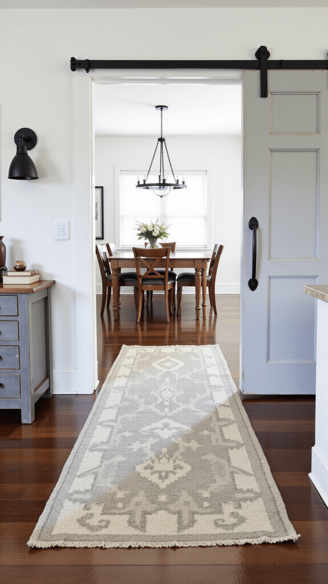 Transitional space with gray barn door, antique console table, vintage Turkish runner, and industrial sconce lighting between living room and kitchen