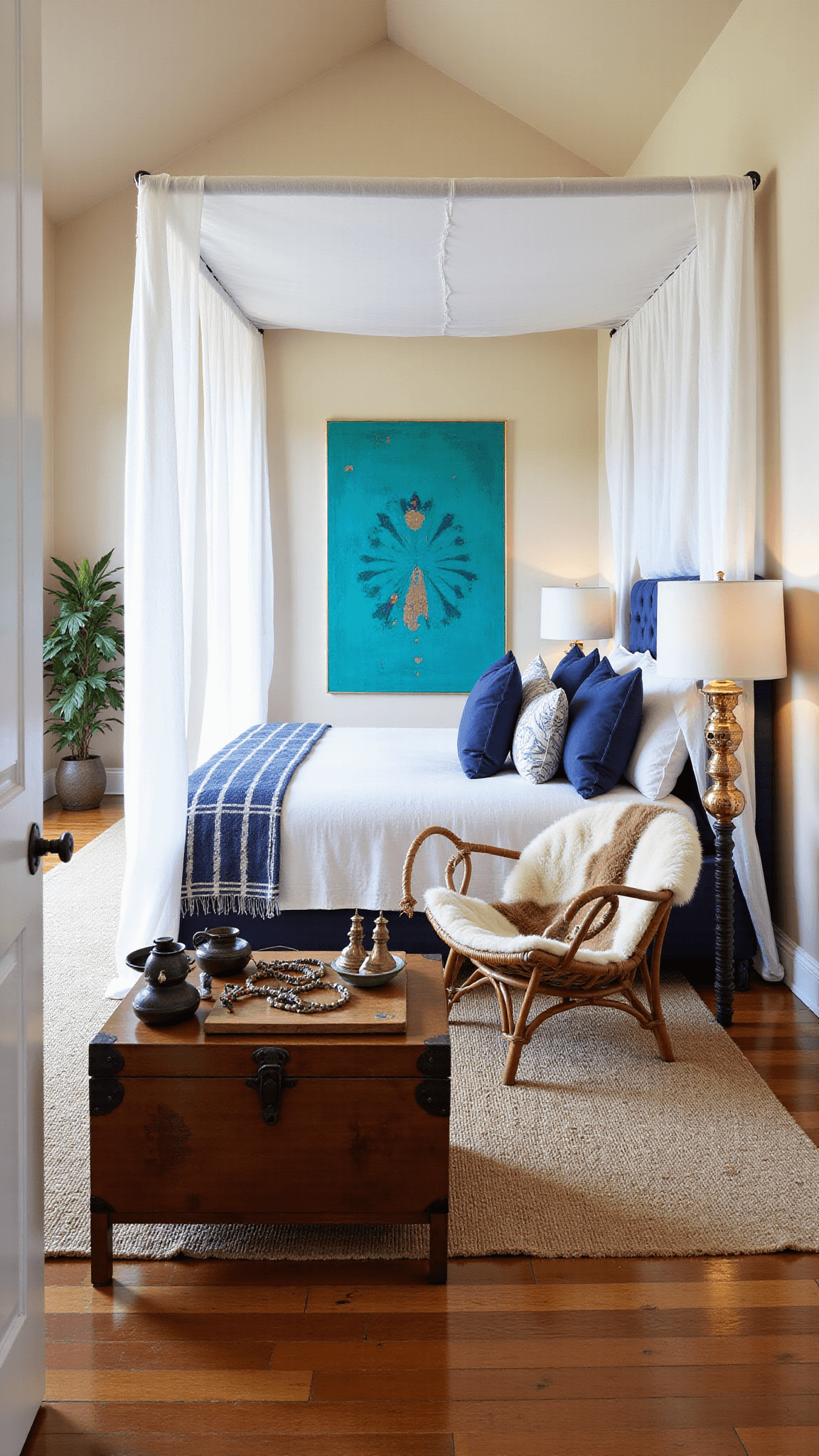 Master bedroom at dusk featuring a white canopy bed, vintage Moroccan rug, oversized turquoise and gold artwork, rattan peacock chair with a sheepskin throw, and various decor on an ancient wood trunk.