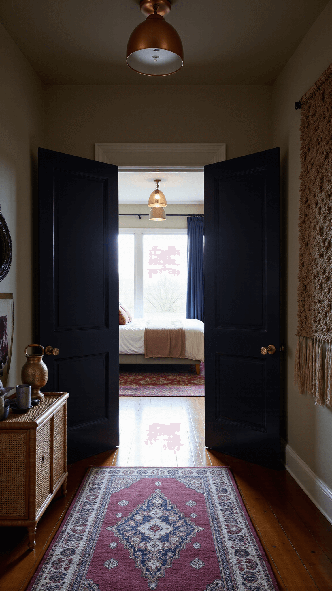 Twilight view of a dramatic bedroom entrance through matte black 10ft double doors, flanked by oversized copper lanterns, leading to a 15x20ft space featuring a rattan console, ceramic collection, and a large-scale natural fiber macramé wall piece. Image shot from hallway, includes vintage Persian runner in faded rose and navy, with moody uplighting.