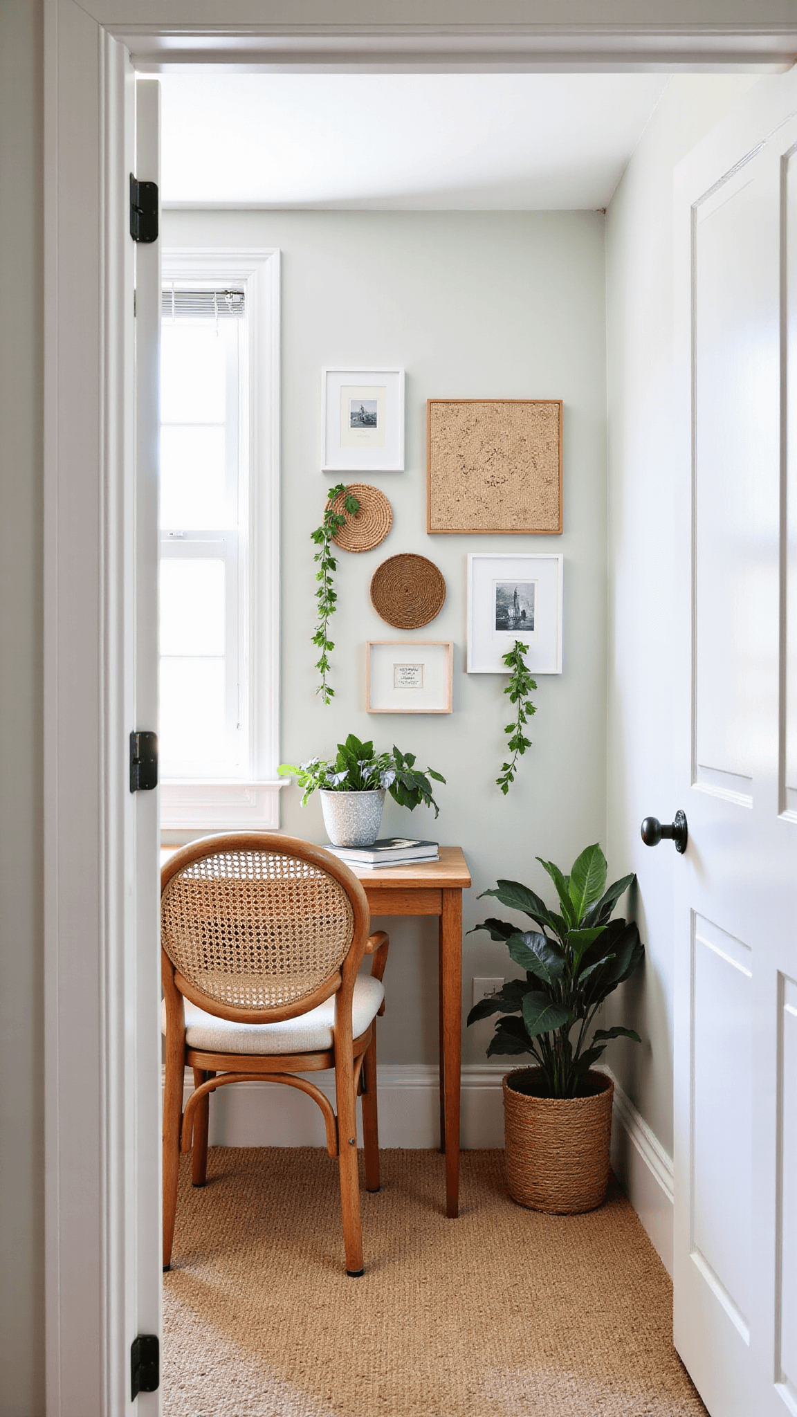 Bright and serene home office with rattan desk, vintage chair, gallery wall, potted greenery and layered rugs, highlighted by afternoon light.