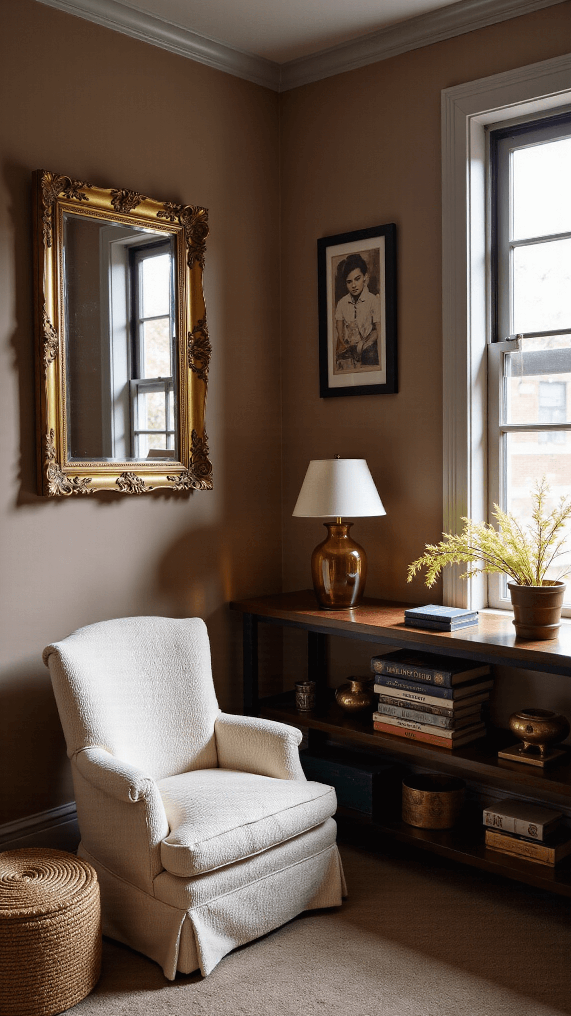 Intimate bedroom corner at dusk featuring antique gold-mirror, amber glass lamp, cream bouclé accent chair, handwoven jute pouf, and wooden shelf with brass objects, dried pampas grass, vintage books against warm putty toned lime washed walls.