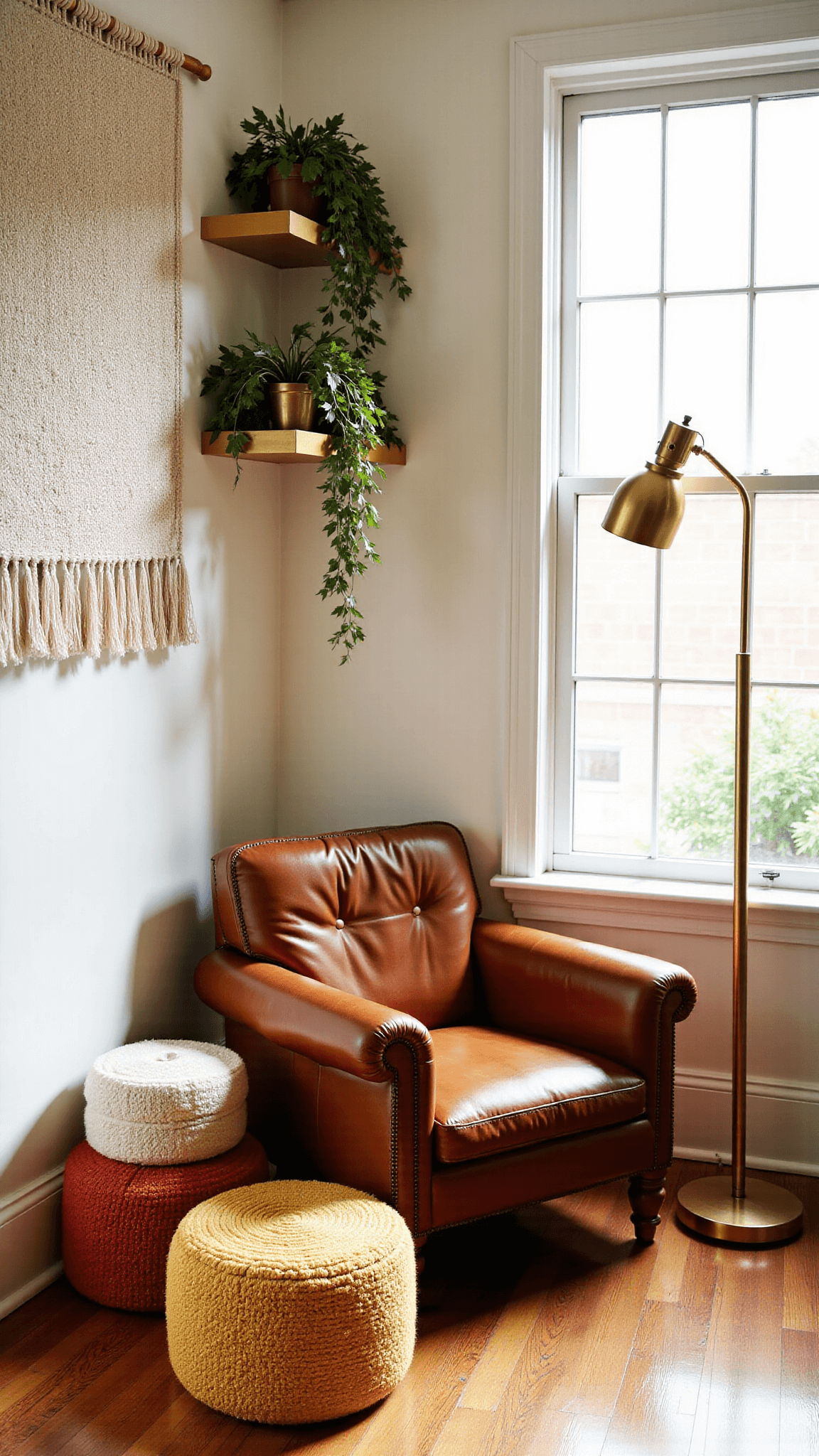 Cozy reading nook with vintage leather armchair, brass floor lamp, floating gold shelves and stacked textile poufs in warm colors, against a backdrop of a handmade wall tapestry and cascading plants from macramé hangers, captured in afternoon natural lighting with an atmospheric lived-in feel, shot on a 35mm environmental camera.