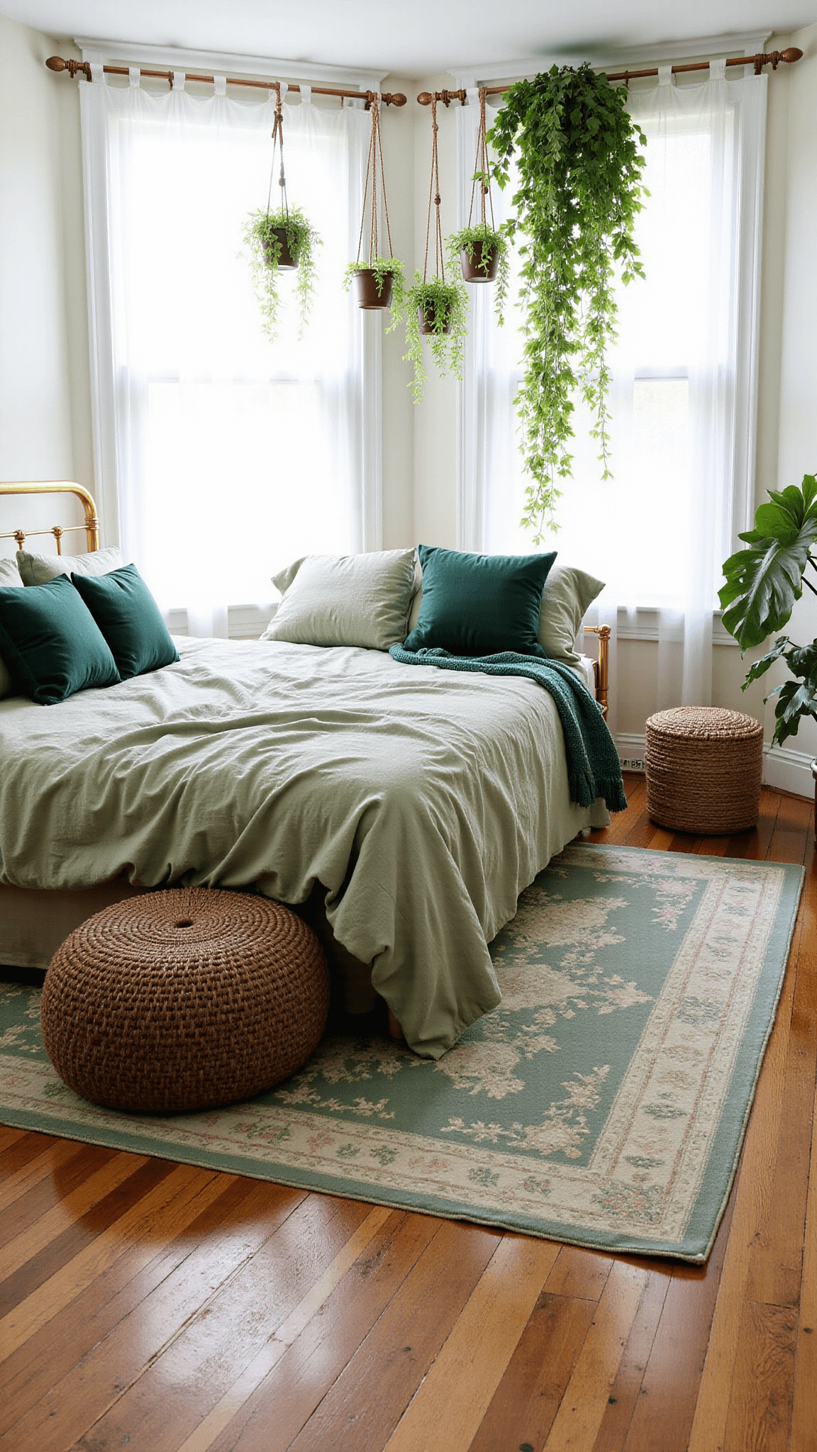 Sunny 14x16ft bedroom with large windows, vintage brass bed with green bedding, abundant indoor plants, oak flooring, Persian rug, and textured decor, lit by natural morning light.