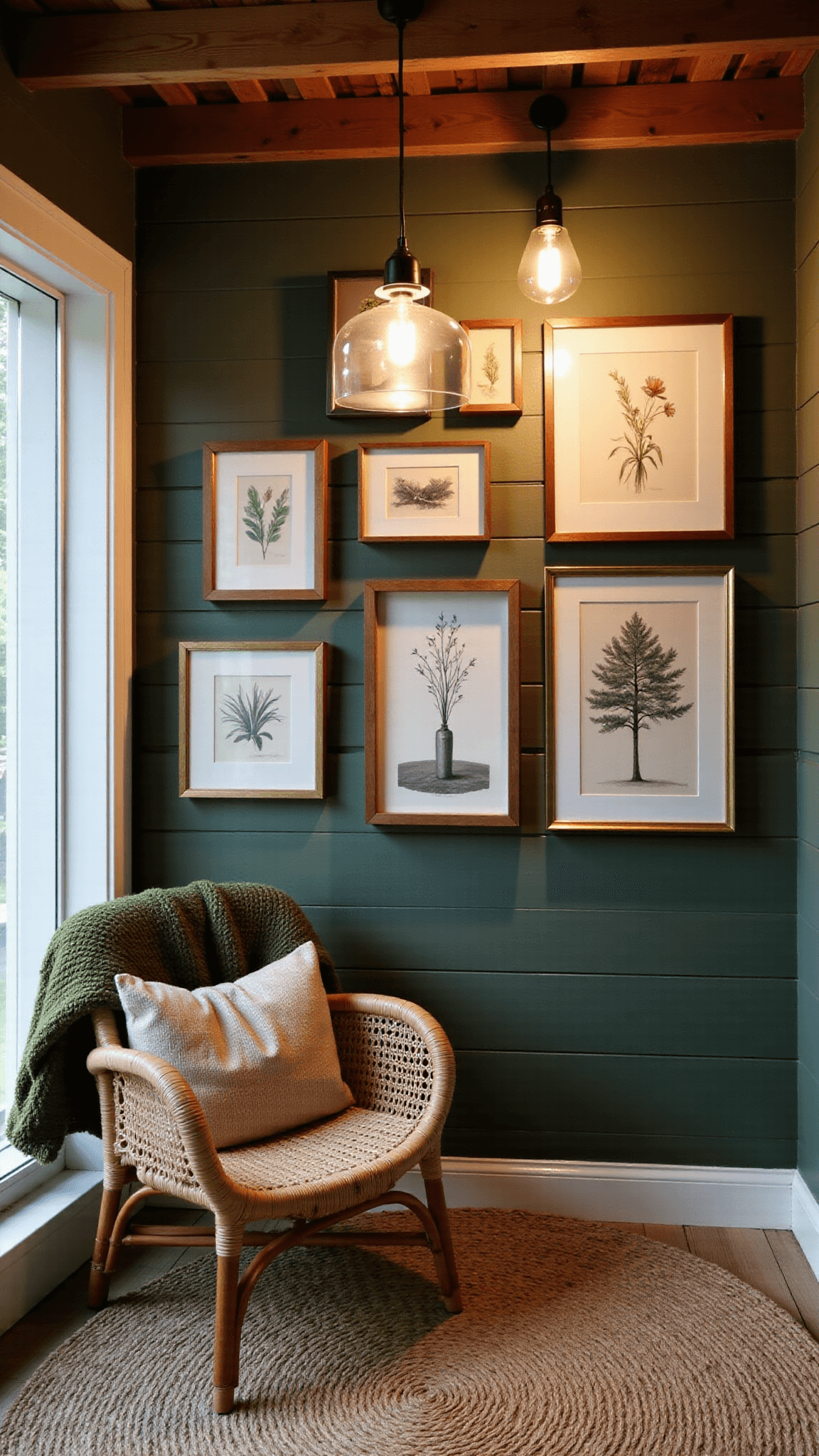 Boho bedroom corner with rattan reading chair, gallery wall of botanical prints, moss green knit throw, and jute rug under warm pendant lighting with dark sage painted shiplap and wooden beams