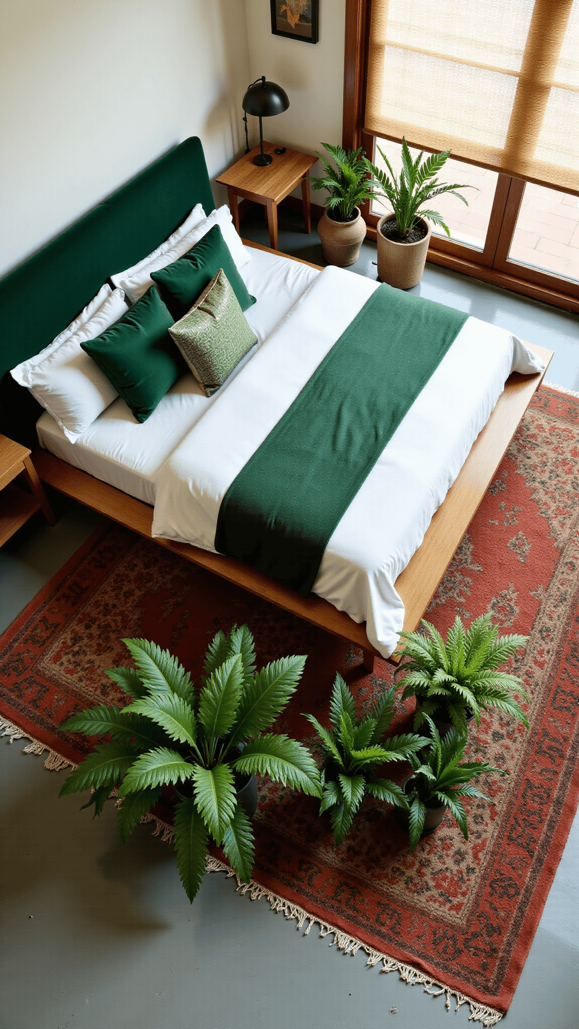 Above view of a master bedroom with king-sized bed, emerald green headboard, white cotton bedding, green pillows, concrete floors with Moroccan rug, and potted ferns and snake plants, bathed in golden hour light through bamboo blinds.