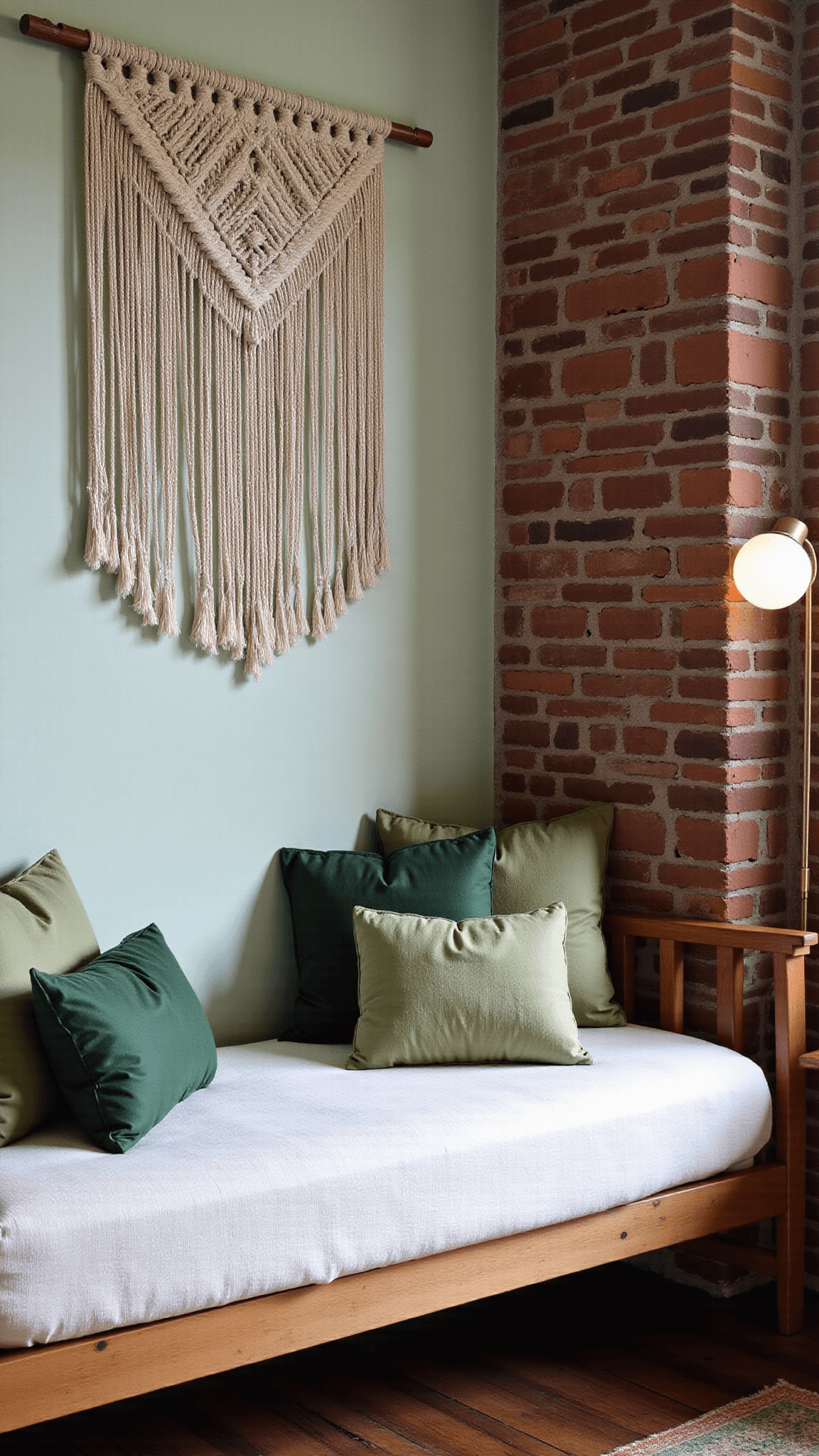 Cozy bedroom alcove with a wooden daybed against mint painted brick, macramé wall hanging, and mixed textile pillows. A brass floor lamp lights the room captured at dusk.