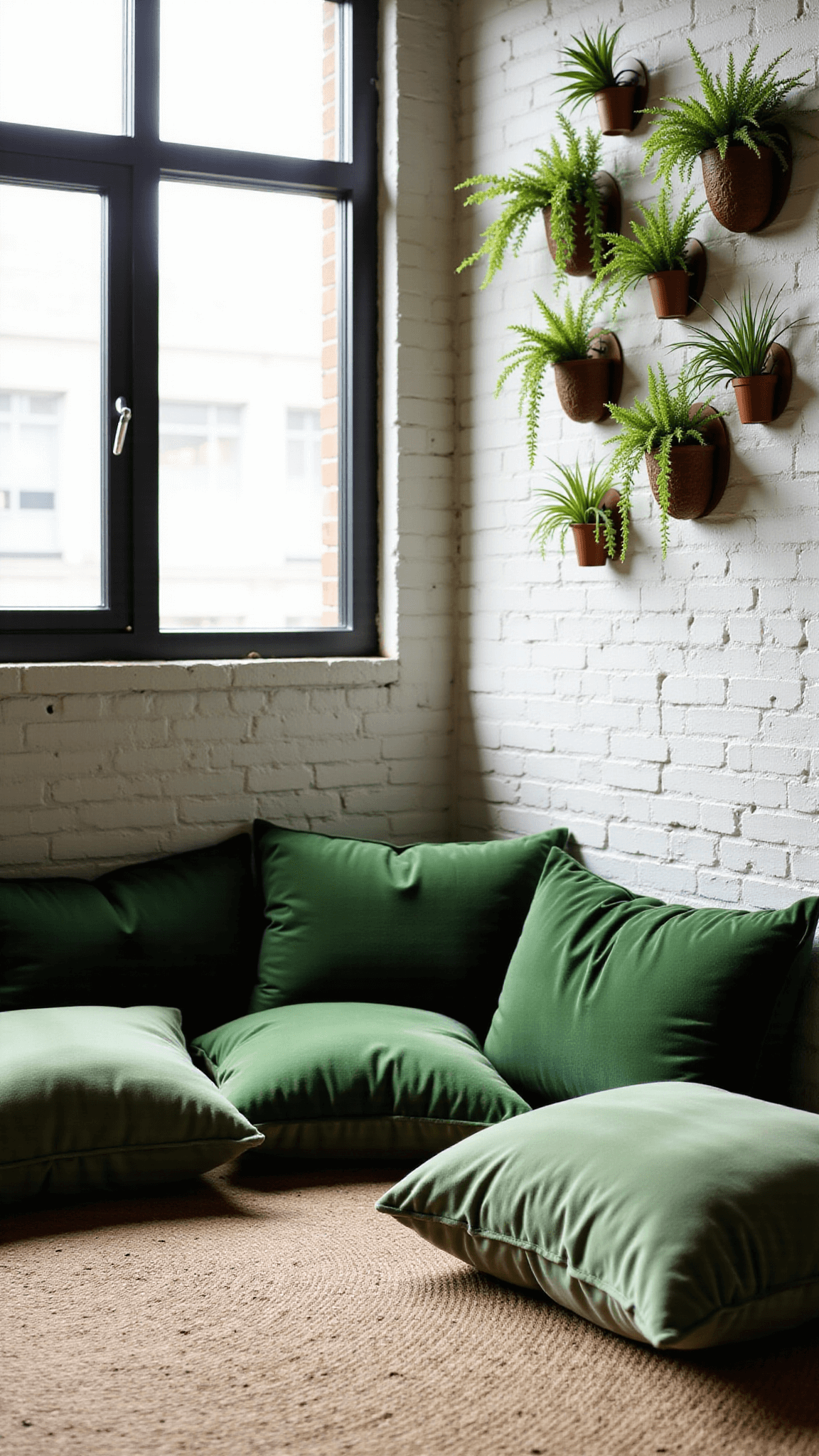 Sunny loft-style bedroom corner featuring a meditation area with large green velvet floor cushions on a hemp rug, living wall with staghorn ferns and air plants on whitewashed brick, captured in mid-morning light at f/5.6 with wide-angle lens.