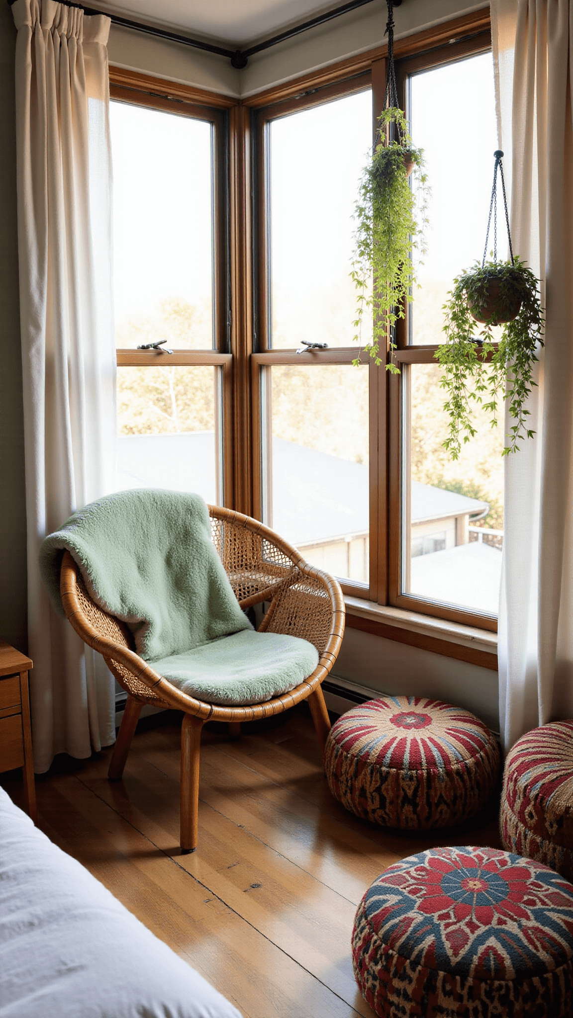 Late afternoon sun illuminates a cozy bedroom reading nook with a rattan peacock chair adorned with sage green sheepskin, sheer linen-dressed windows, hanging plants, and vintage kilim poufs.