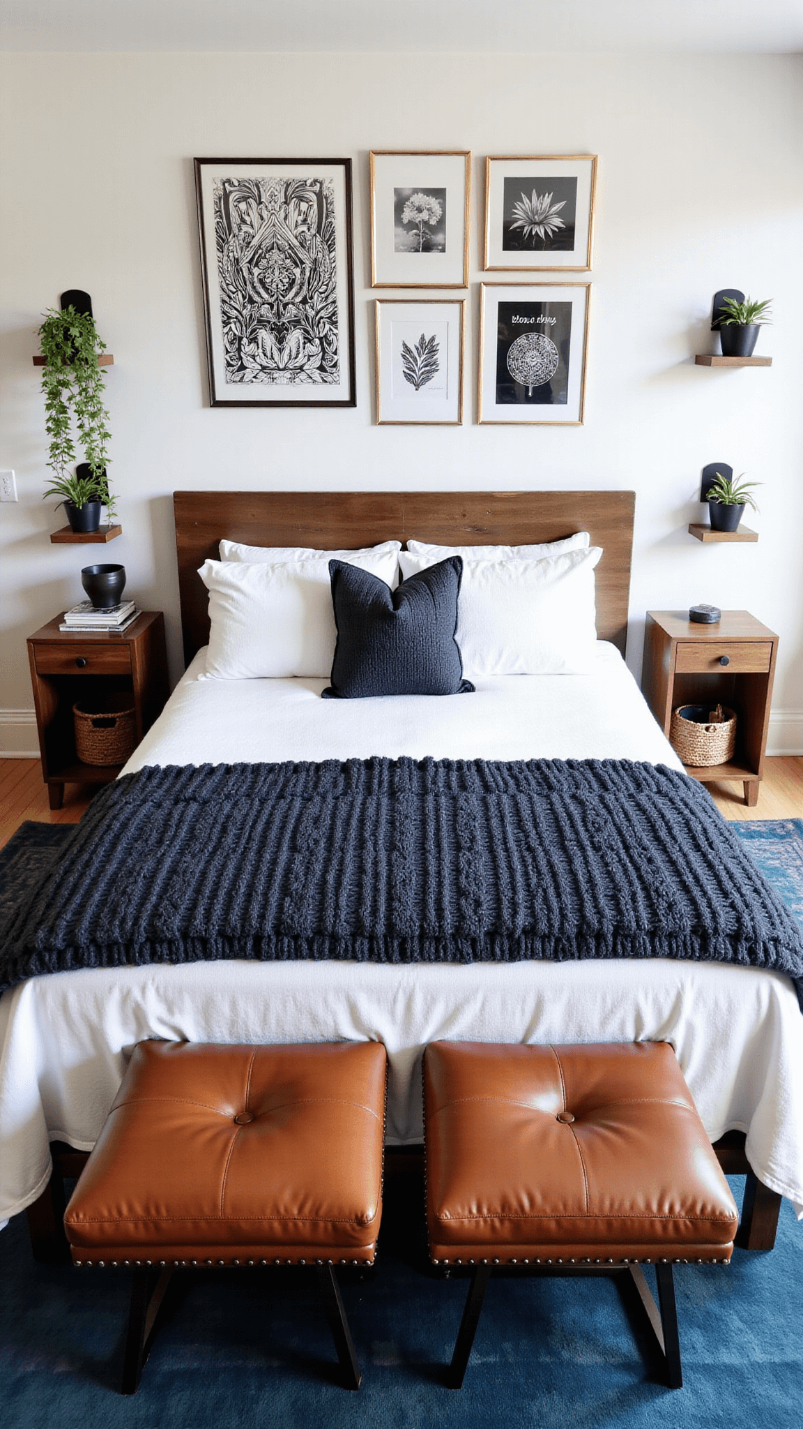 Aerial view of a bohemian bedroom with a California king bed on an indigo Persian rug, surrounded by black and white tribal prints in mixed metal frames, leather benches, chunky gray knit throw, and green plants on floating shelves.
