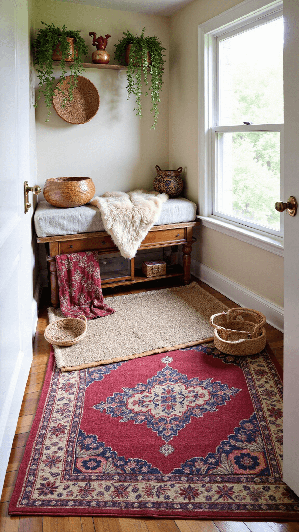 Eclectic 10x12ft bedroom alcove illuminated by morning light, featuring layered rugs in neutral and jewel tones with a sheepskin topper, accompanied by textured decor like woven baskets, ceramic vessels, and trailing plants, shot from door frame height at 35mm.
