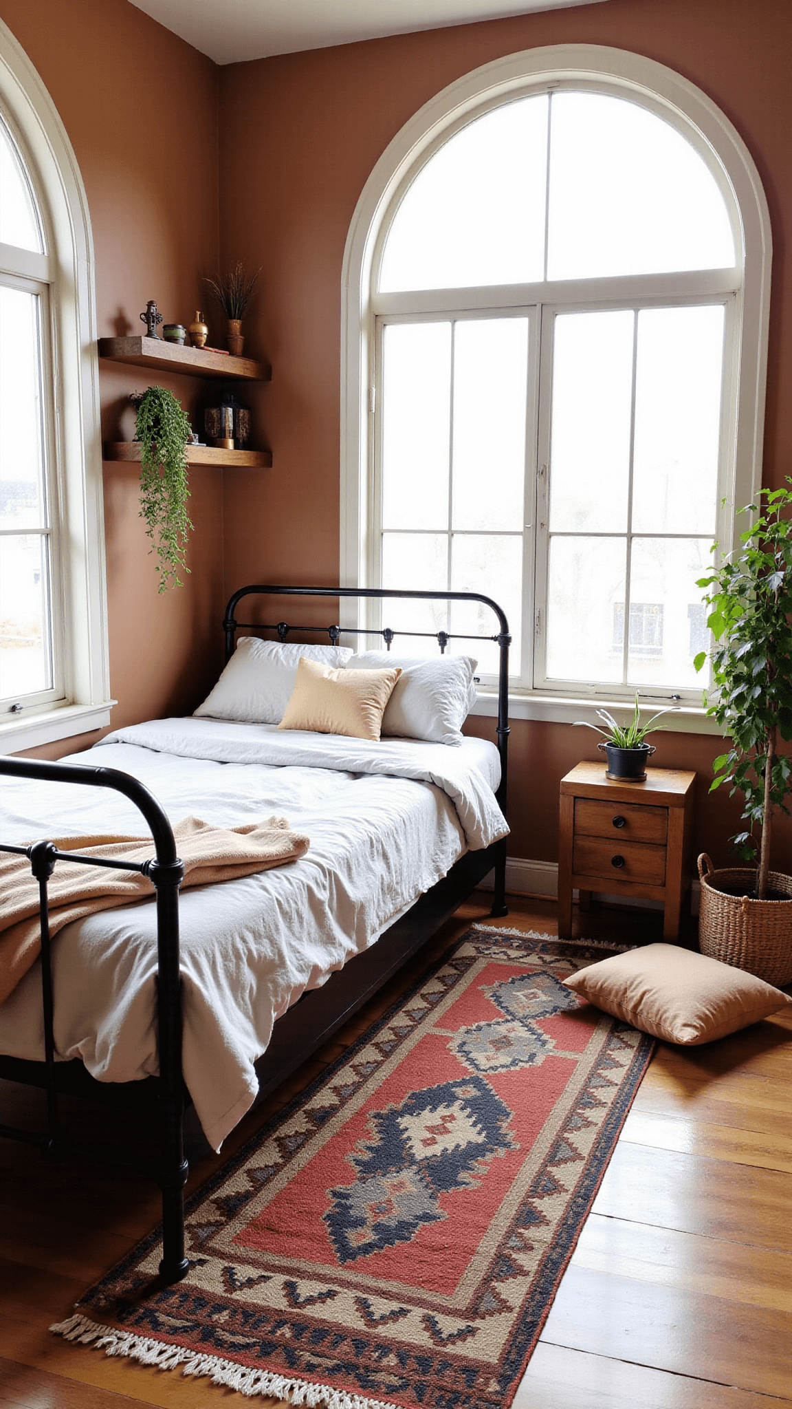 Boho styled bedroom in morning light with arched windows, rumpled linen bedding on vintage iron bed, Kilim runners leading to meditation area with floor cushions and incense holders, macramé plant hangers, floating wood shelves with crystal collections and earth toned color scheme.