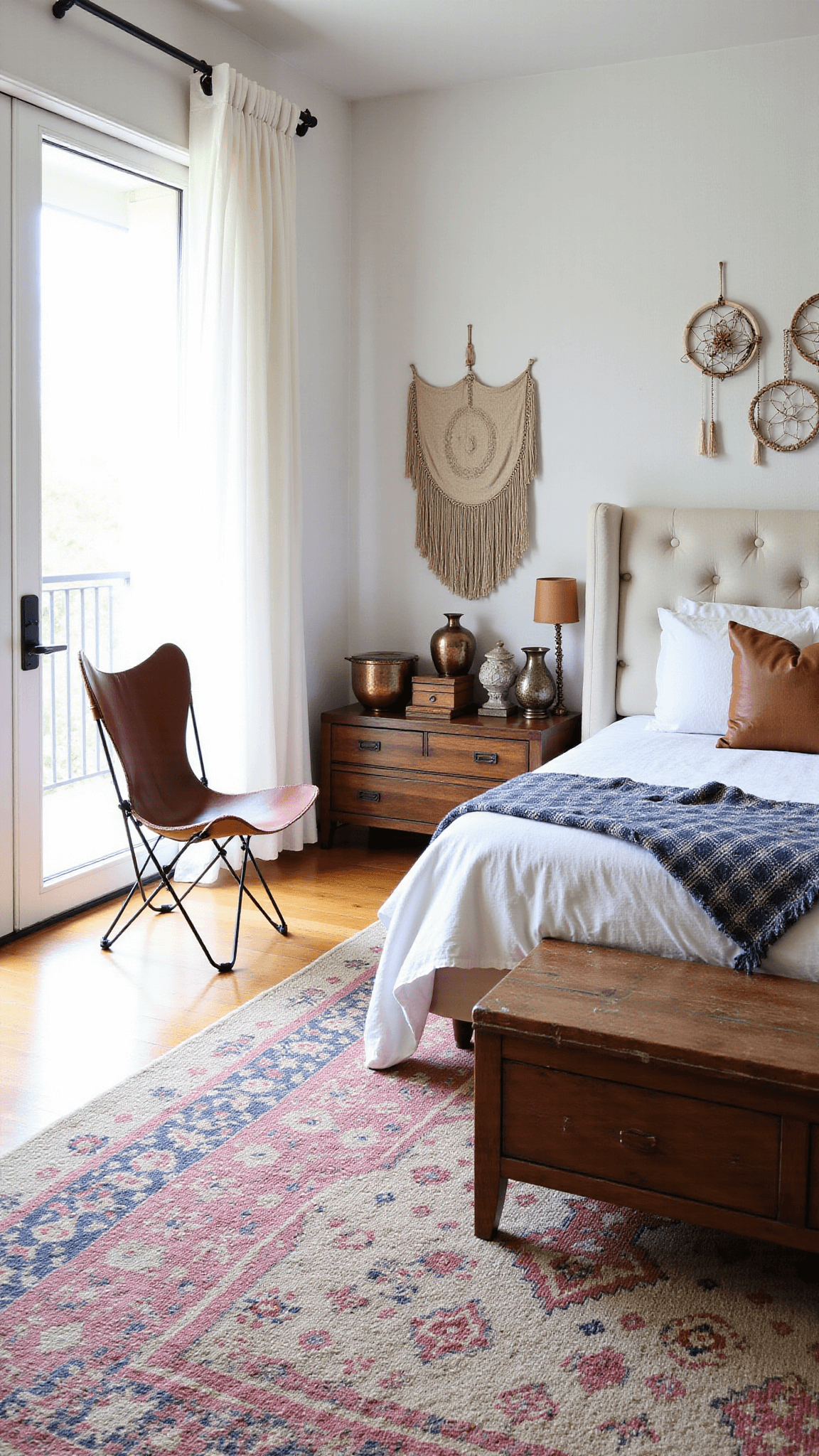 Bright boho-style 16x16ft bedroom at midday with open French doors leading to a private balcony, white walls with a subtle lime wash finish, a leather butterfly chair, wooden nightstand, dream catcher over the bed, and assortment of carved wooden boxes and brass vessels on a low console.