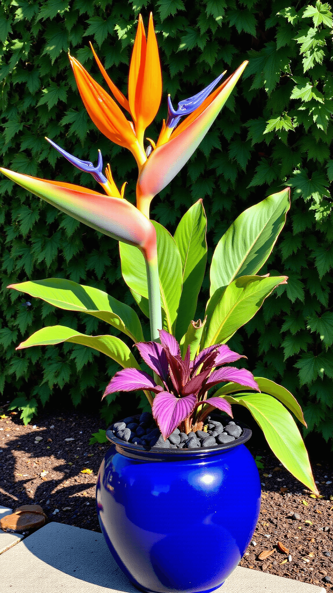 Summer tropical garden with bold canna lilies, bird of paradise and philodendron against cobalt blue pottery with trailing purple queen, contrasted by black river rocks, under a copper mister system in high contrast sunlight.