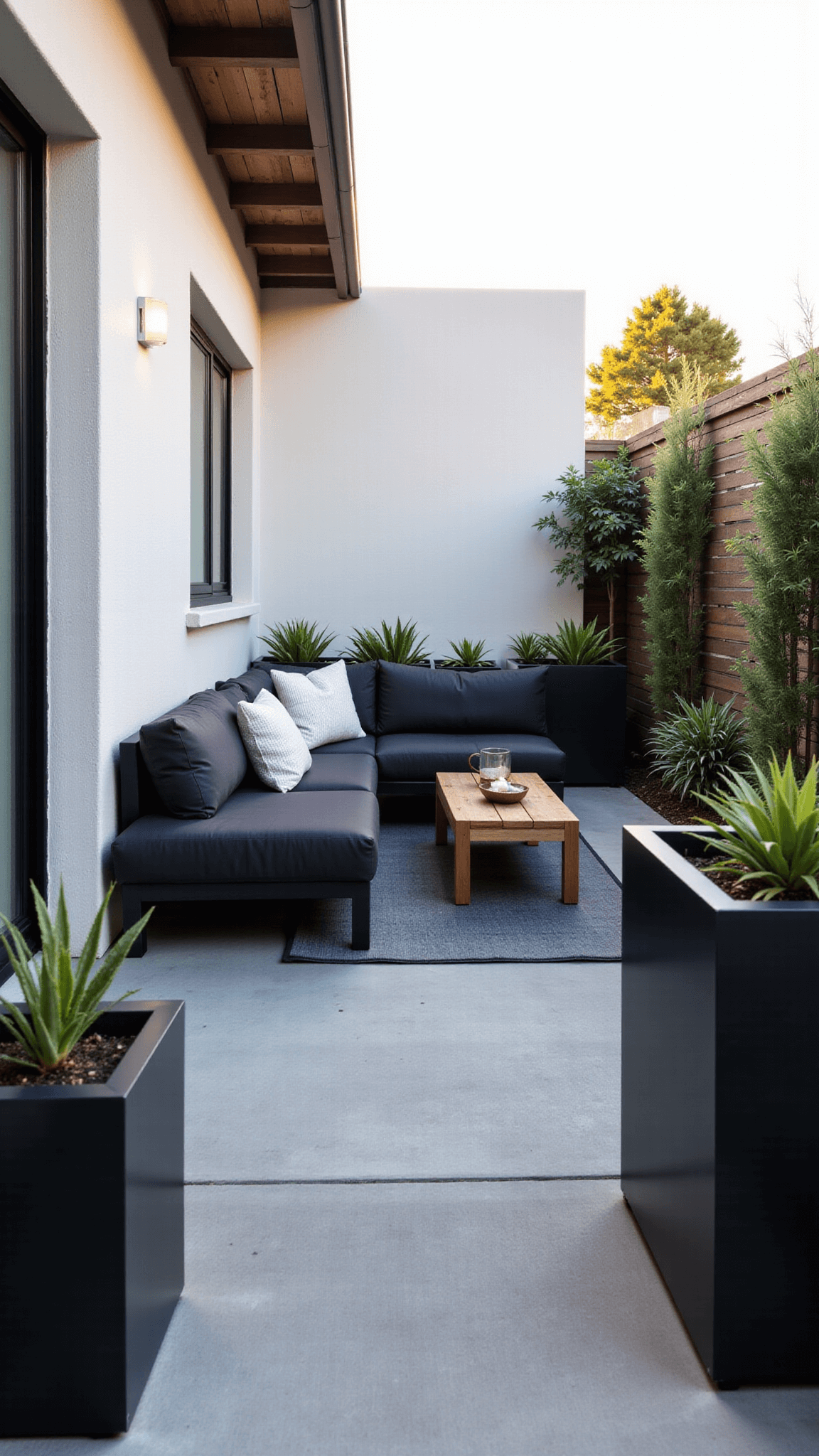 Modern minimalist patio with sleek charcoal sectional, polished concrete flooring, and large geometric planters with succulents at golden hour.