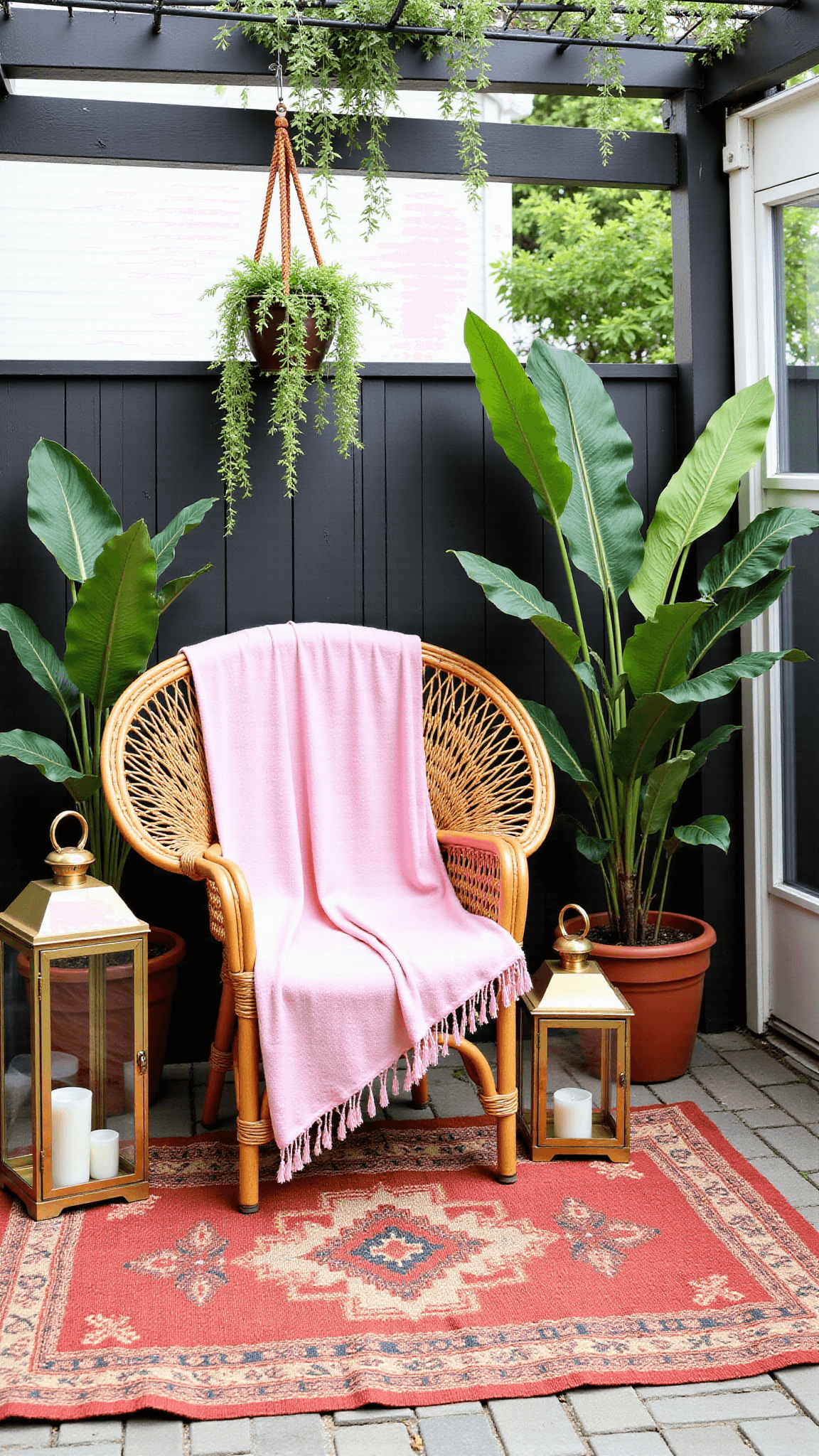 Bohemian patio nook with vintage rattan peacock chair, Moroccan blanket, Turkish and jute rugs, and potted monstera in diffused morning light