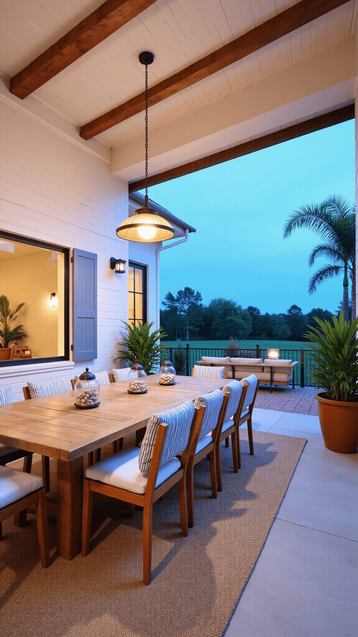 Dusk view from an interior doorway of a coastal-inspired 18x24ft covered patio featuring a weathered teak dining set for eight, vintage-style pendant lights on a whitewashed shiplap ceiling, shell-filled hurricane lanterns, potted palms, and natural fiber curtains framing expansive views.
